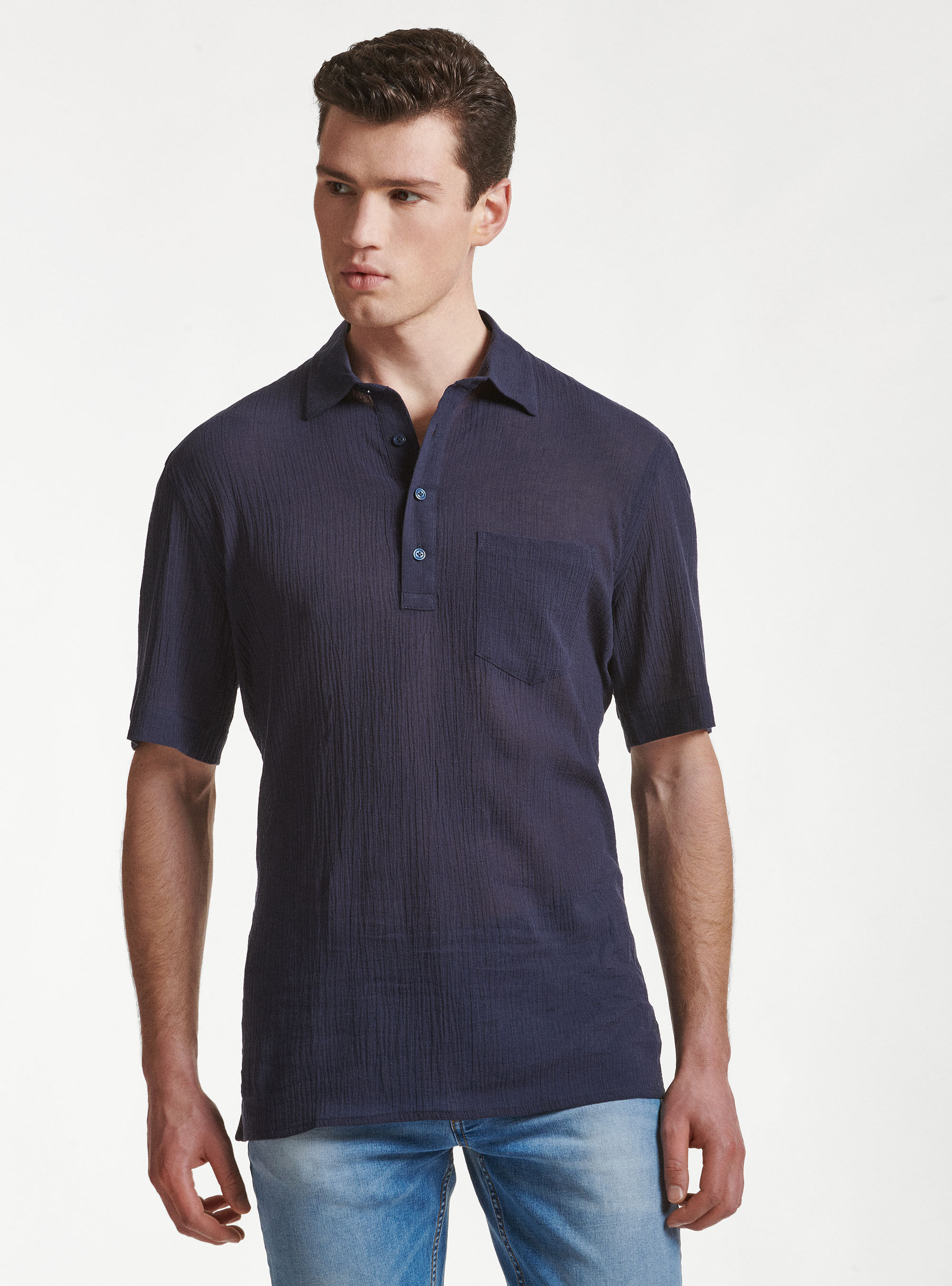 Half-sleeved polo shirt in cotton crepe