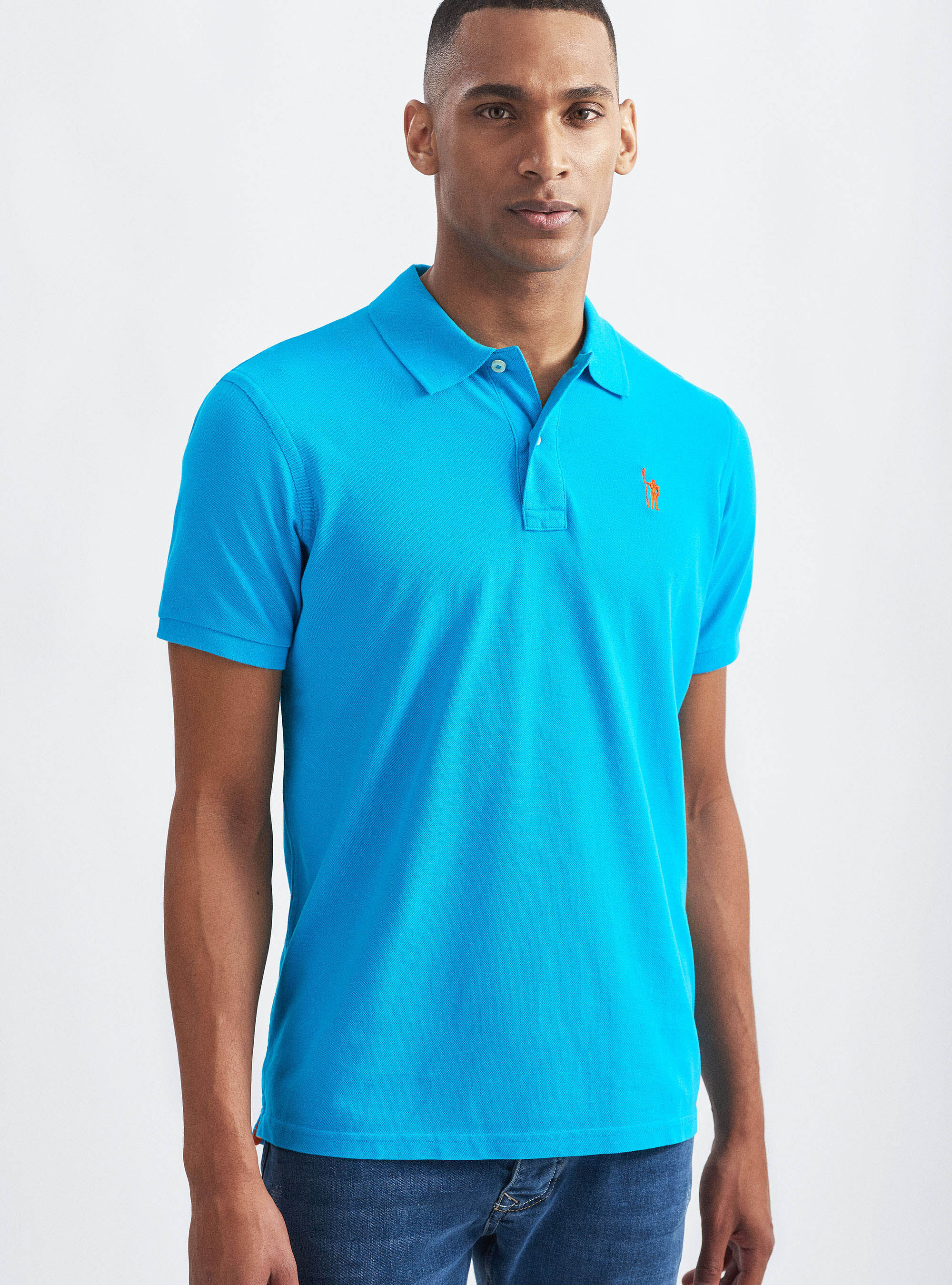 Classic cotton pique polo with embroidery, TURCHESE 0258C