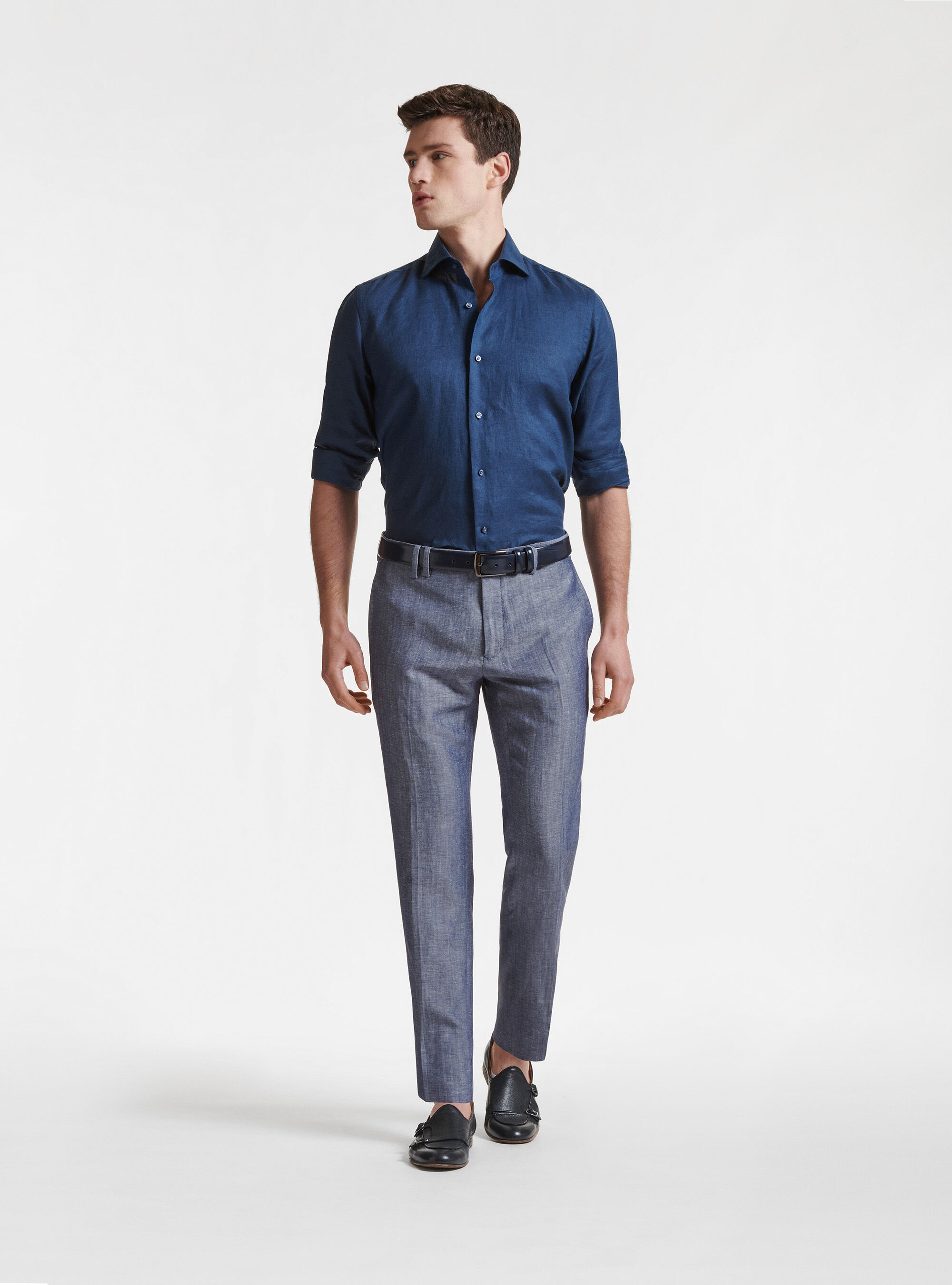 Camicia in puro lino con collo semi francese, BLU NAVY