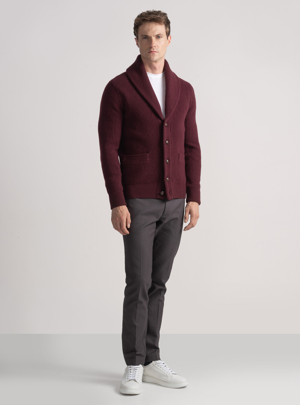 Cardigan in maglia sciallata in lana merino, BORDEAUX Cardigan in maglia sciallata in lana merino