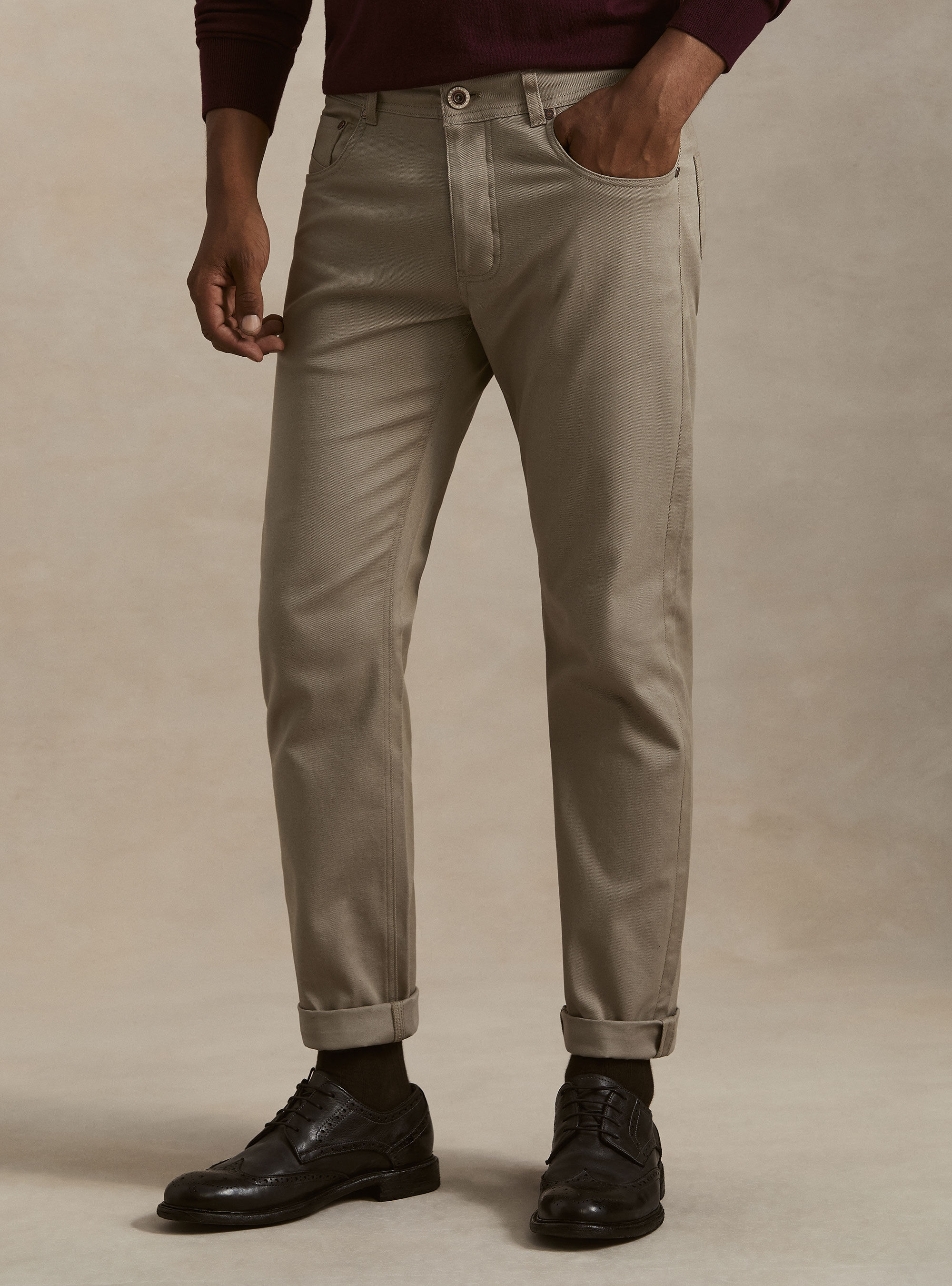 Pantaloni 5 tasche in misto cotone armaturato, FANGO 0568C