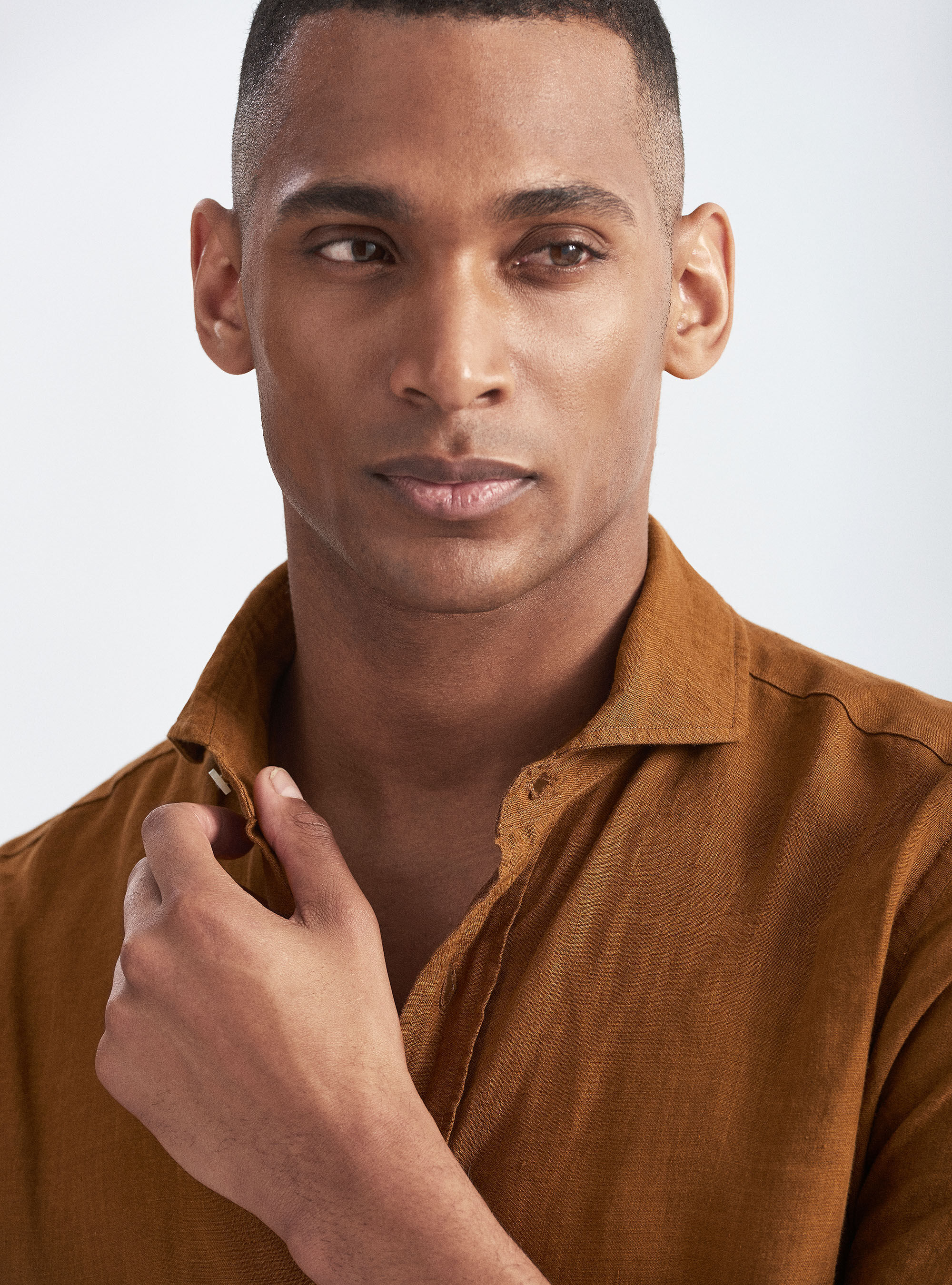 Camicia collo francese in lino, TABACCO