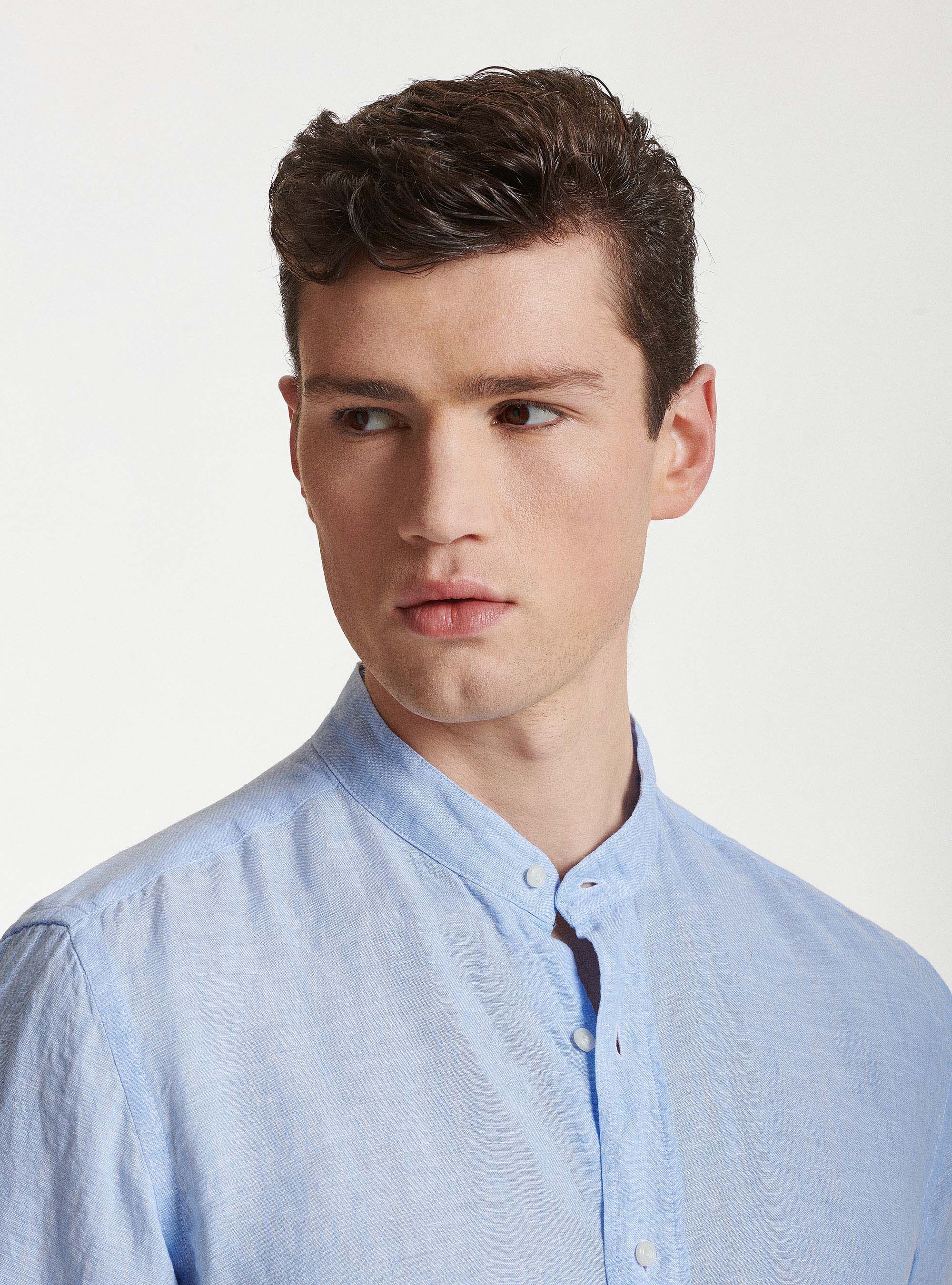 Camicia collo coreano in puro lino, AZZURRO