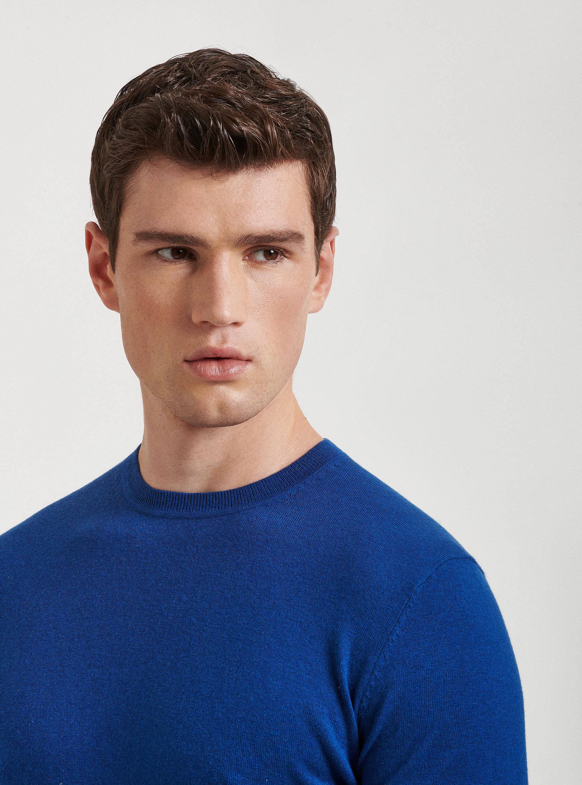 Maglia girocollo in cotone seta e cashmere, BLU ROYAL