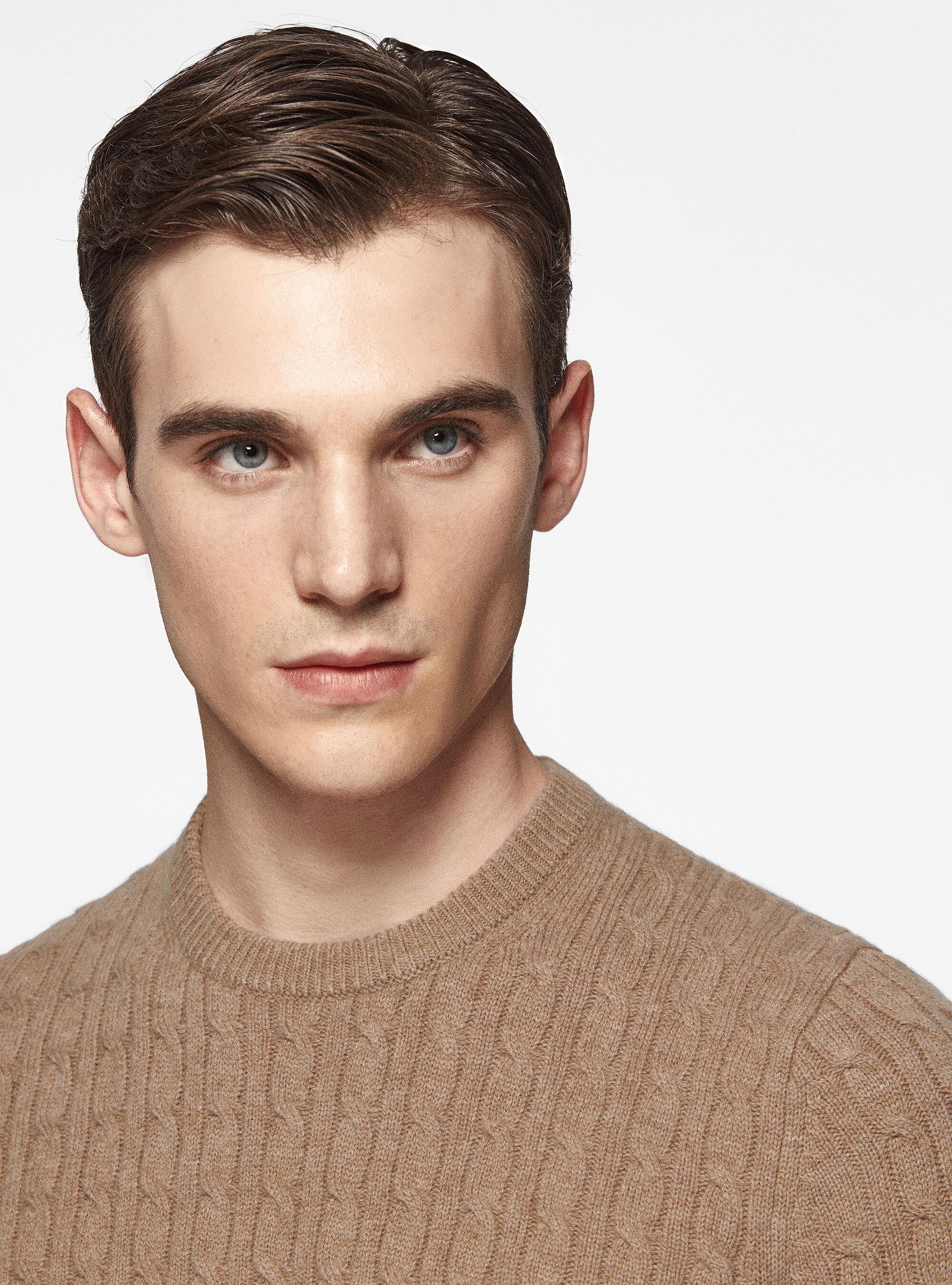 Maglia girocollo con treccia in lana e cashmere, CAMMELLO 0570C