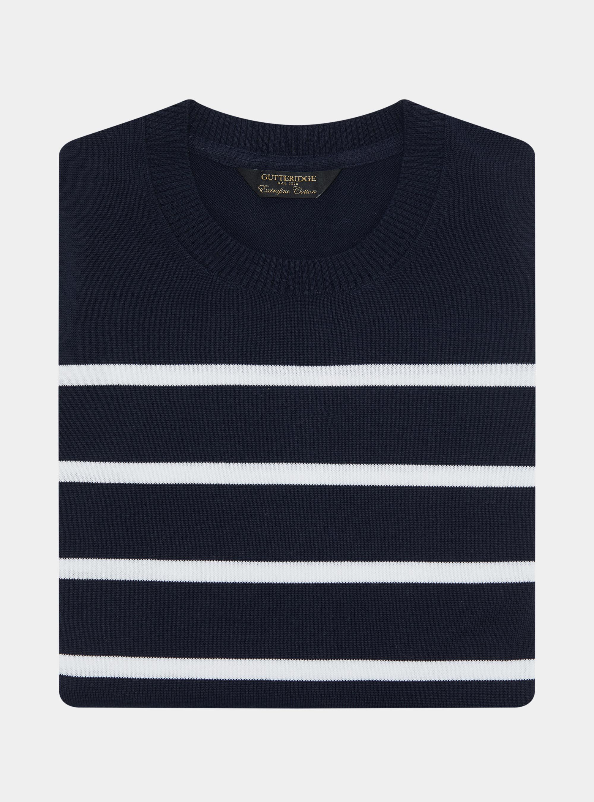 Maglia girocollo in cotone extrafine rigato, BLU NAVY