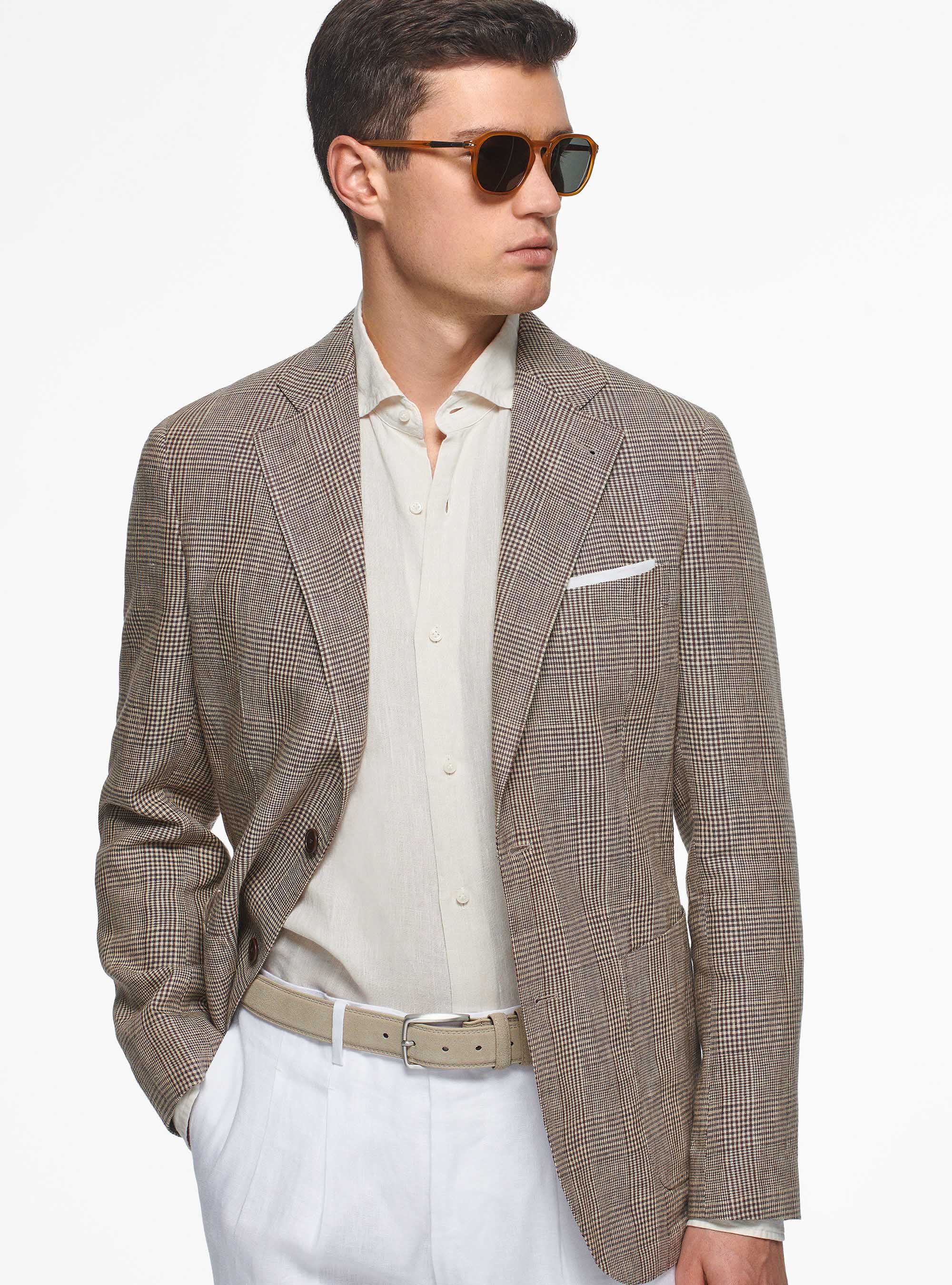 Prince of Wales blazer in pure linen, BROWN
