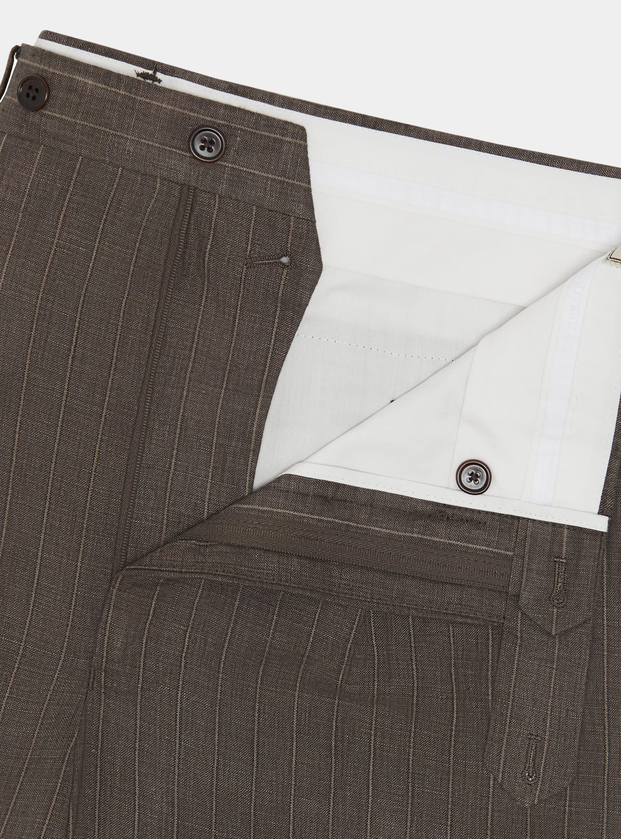 Pantal&oacute;n de traje a rayas con doble botonadura en lino delav&eacute;, MARRON