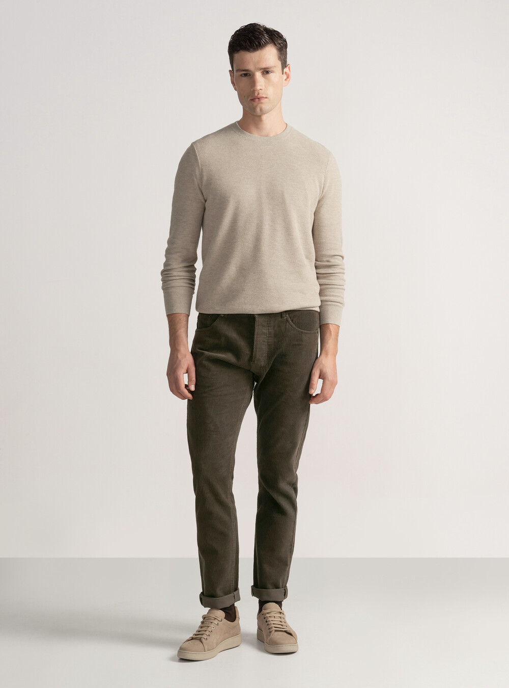 Maglia girocollo nido d'ape in cotone cashmere, ECRU Maglia girocollo nido d'ape in cotone cashmere