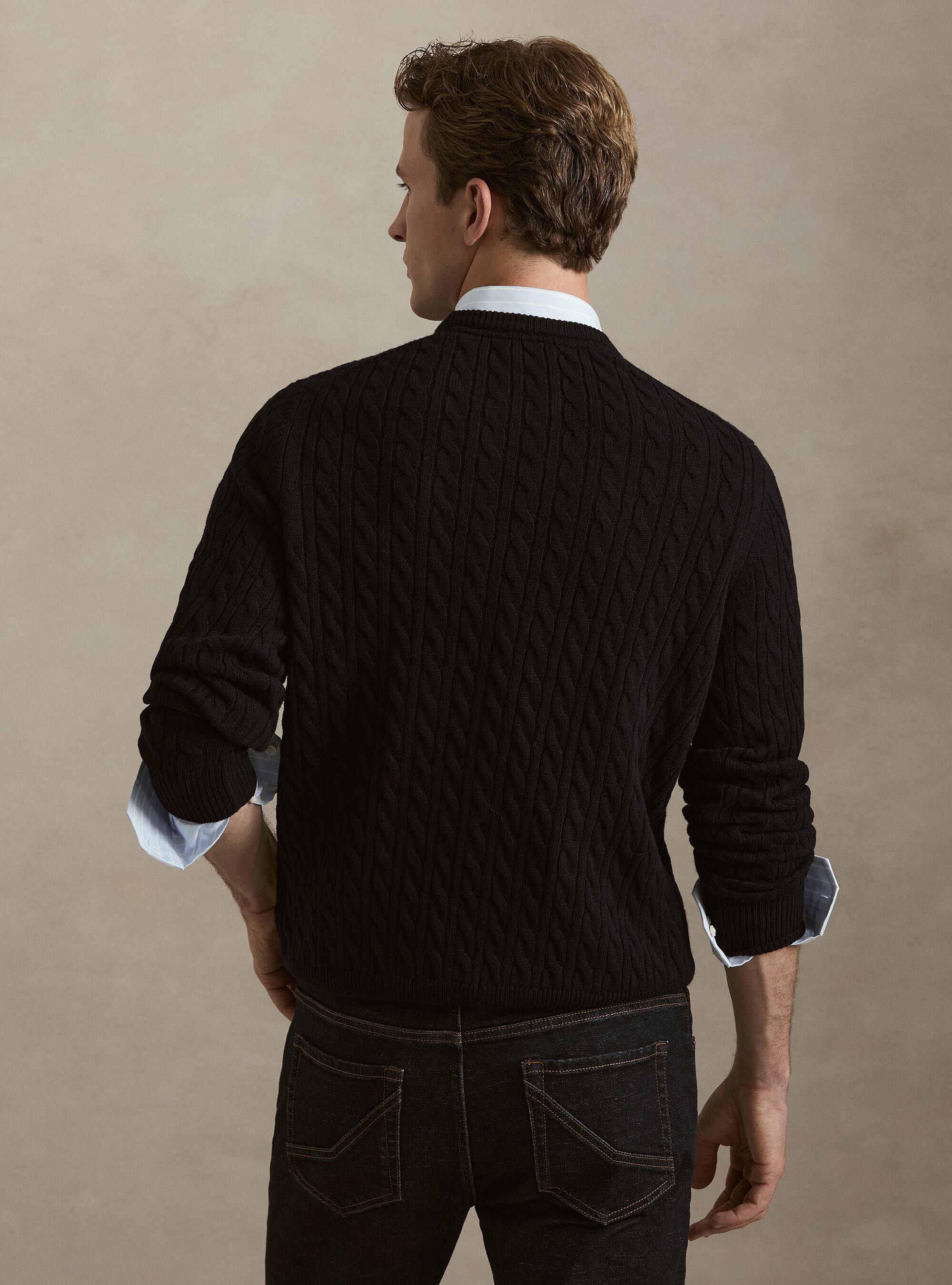Girocollo in maglia con treccia in lana cashmere, BLU NAVY