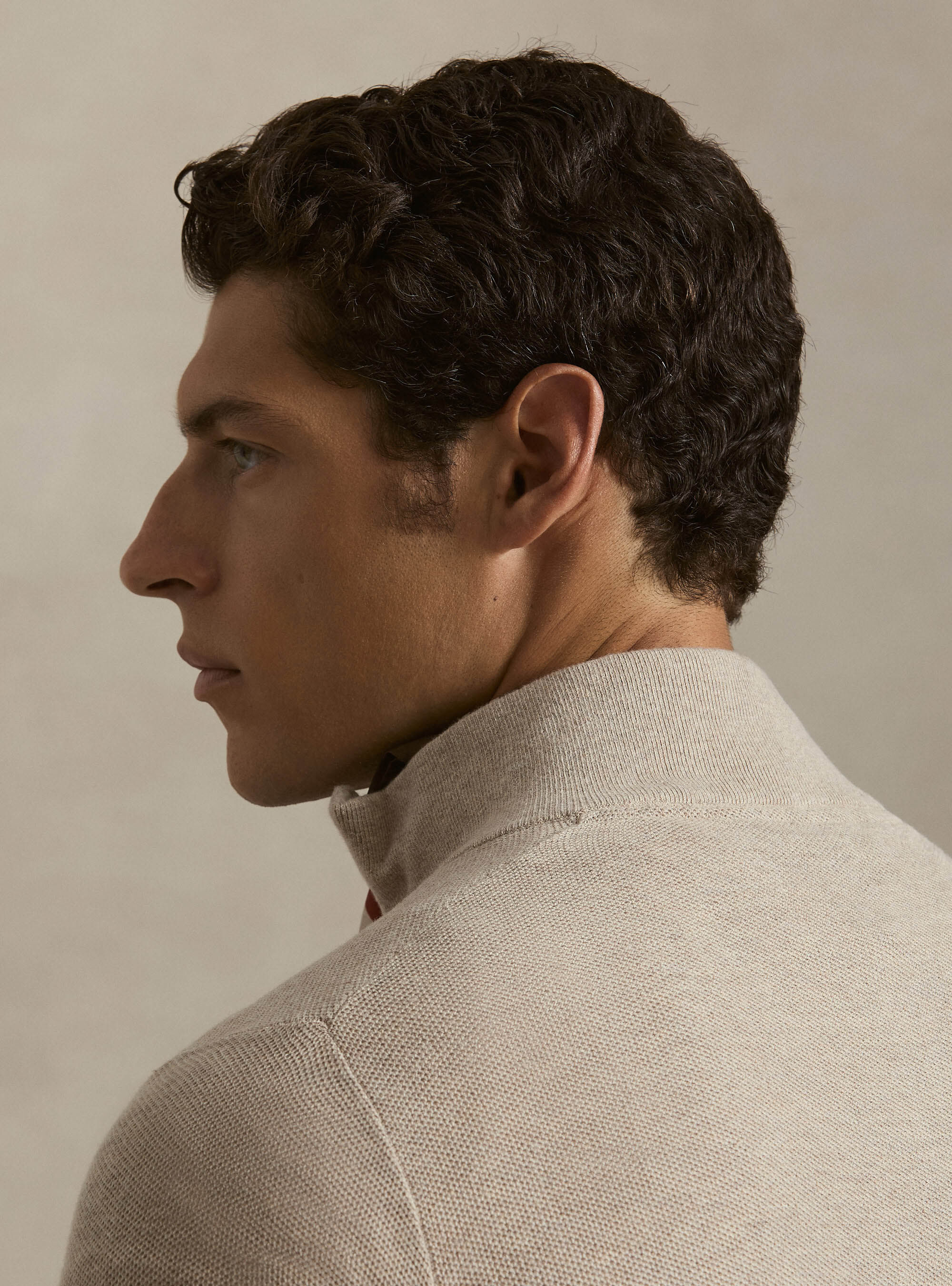 Maglia con mezza zip nido d'ape in cotone cashmere, CRUDO