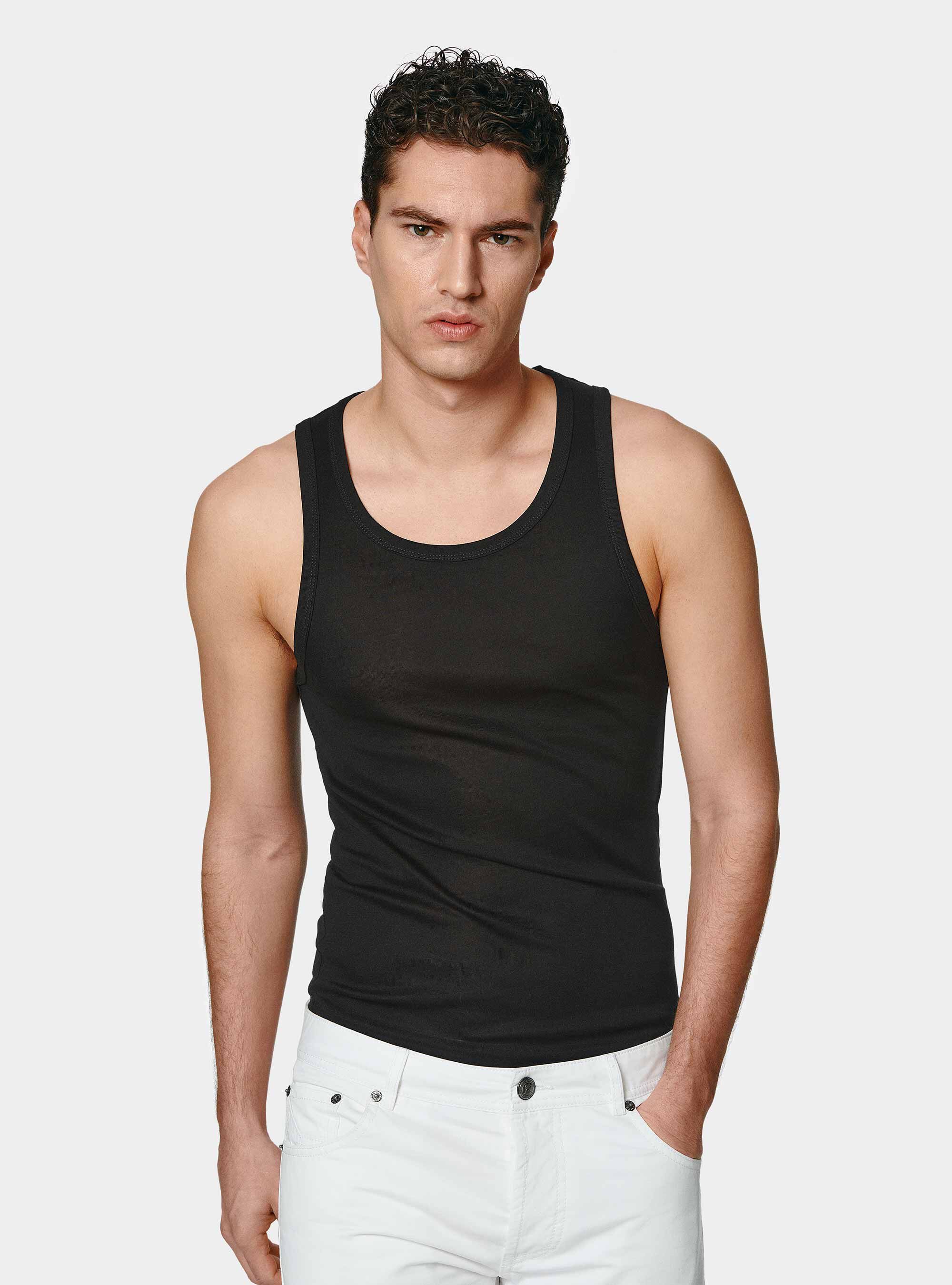 Camiseta de tirantes de hilo de algod&oacute;n, NEGRO