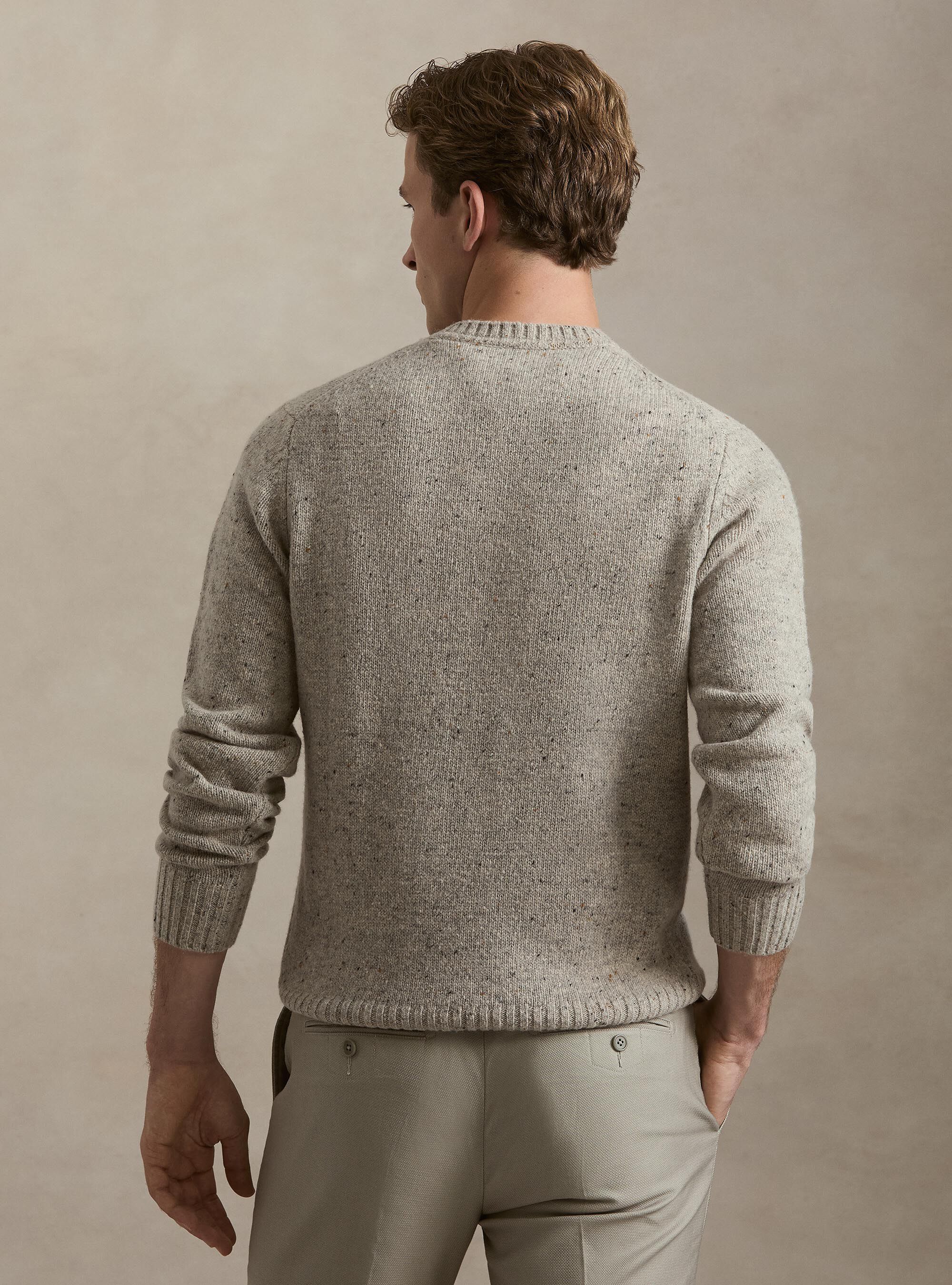 Donegal-style merino wool blend crewneck sweater, LIGHT GREY MELANGE