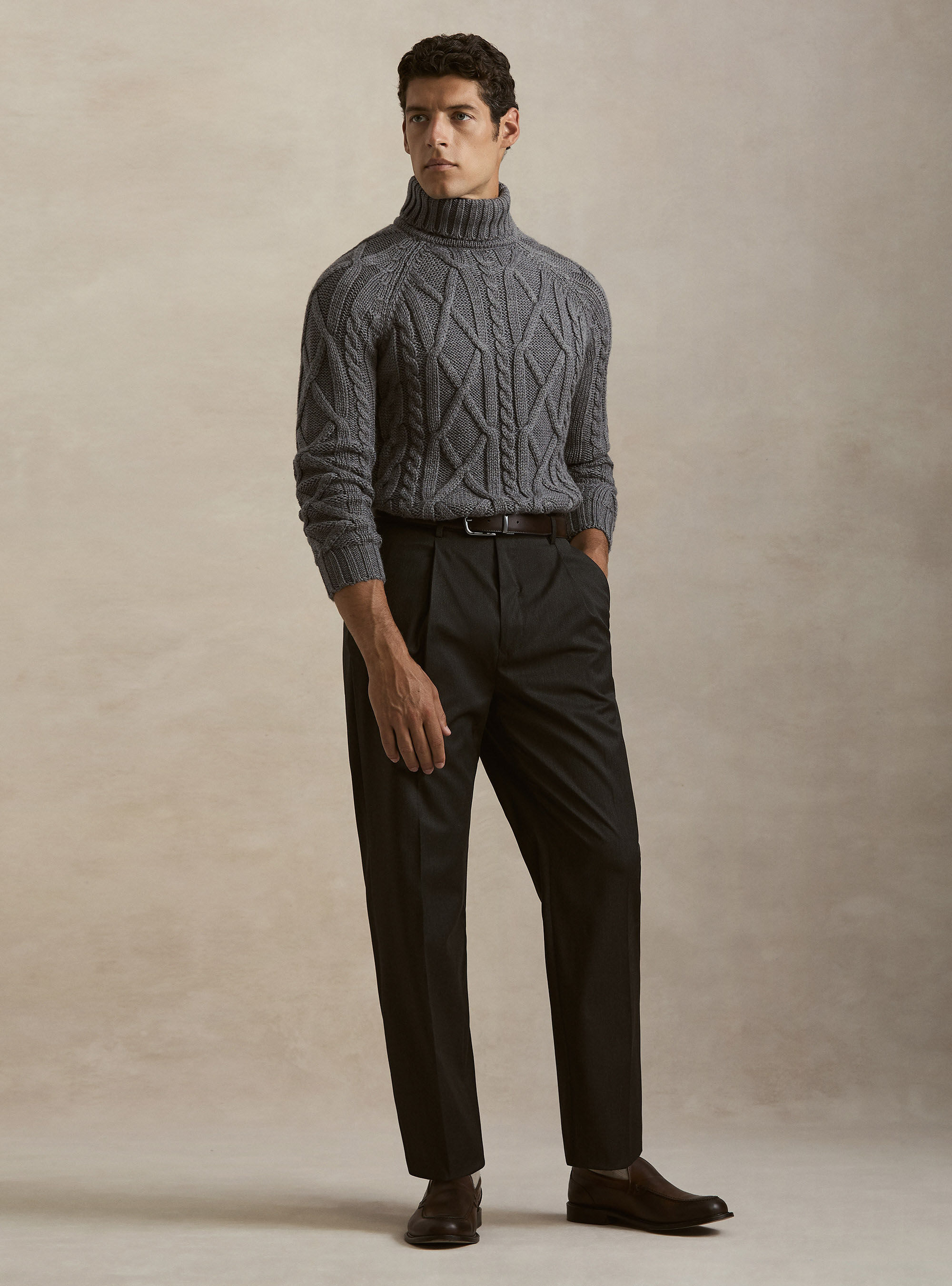 Cable Knit Wool Blend Turtleneck, GRIGIO SCURO 0125C