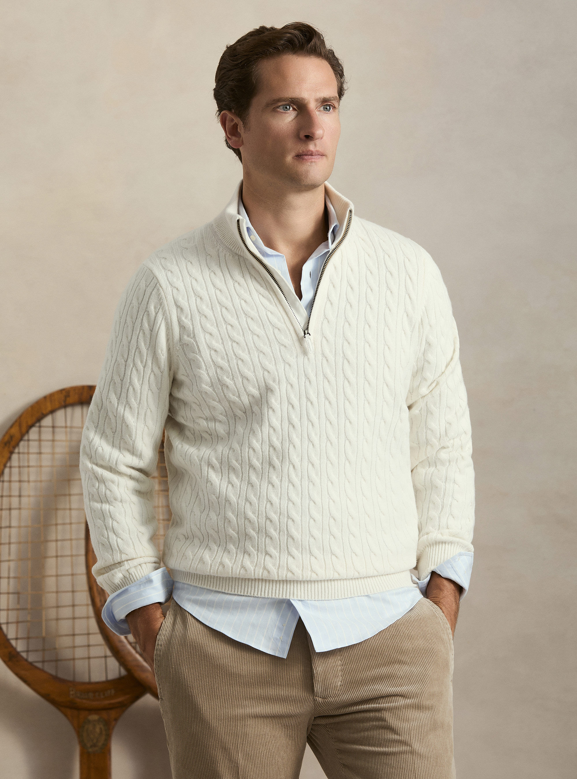 Cable-knit wool and cashmere mock neck sweater
