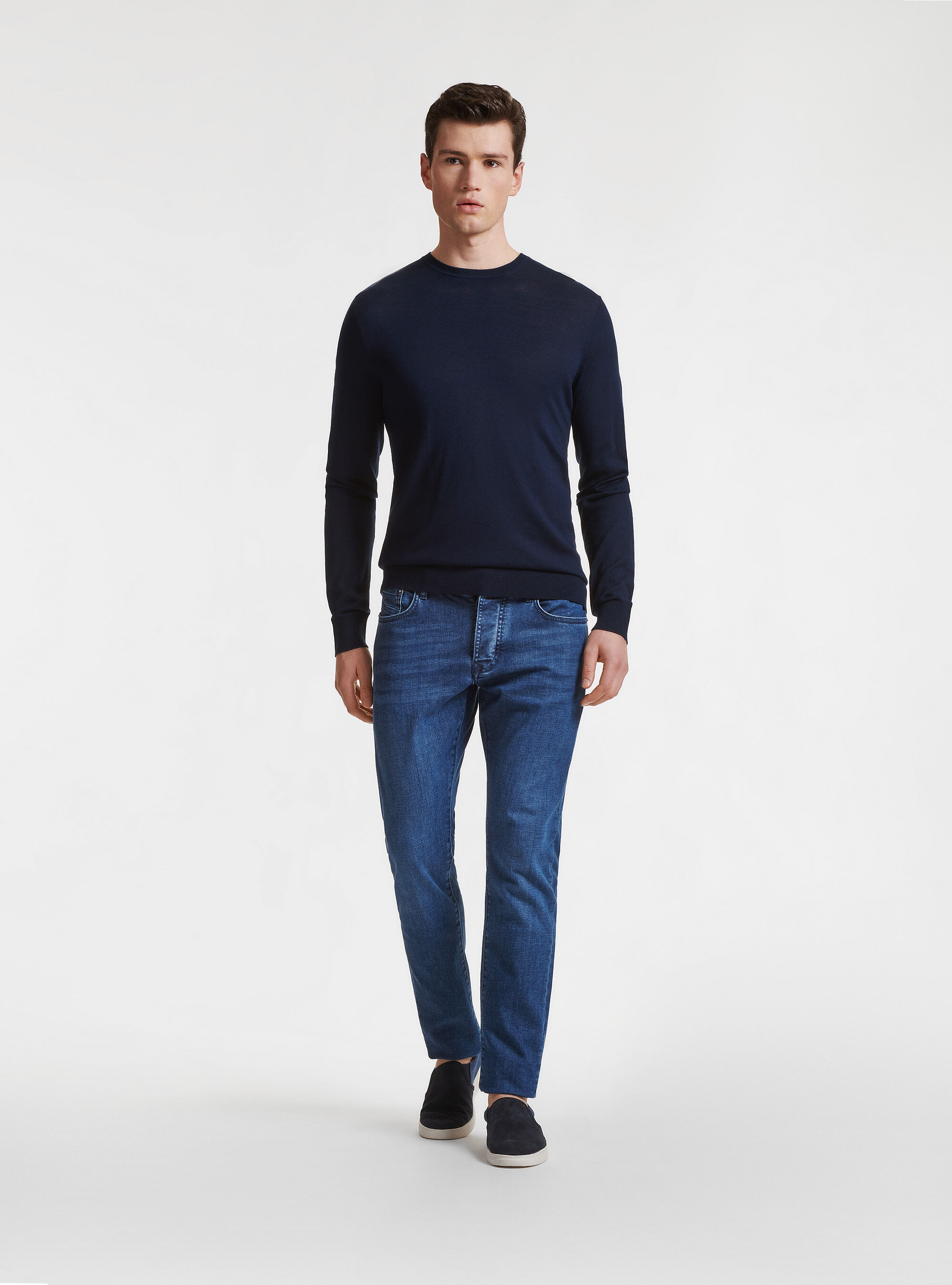 Maglia girocollo in seta e cotone, BLU NAVY