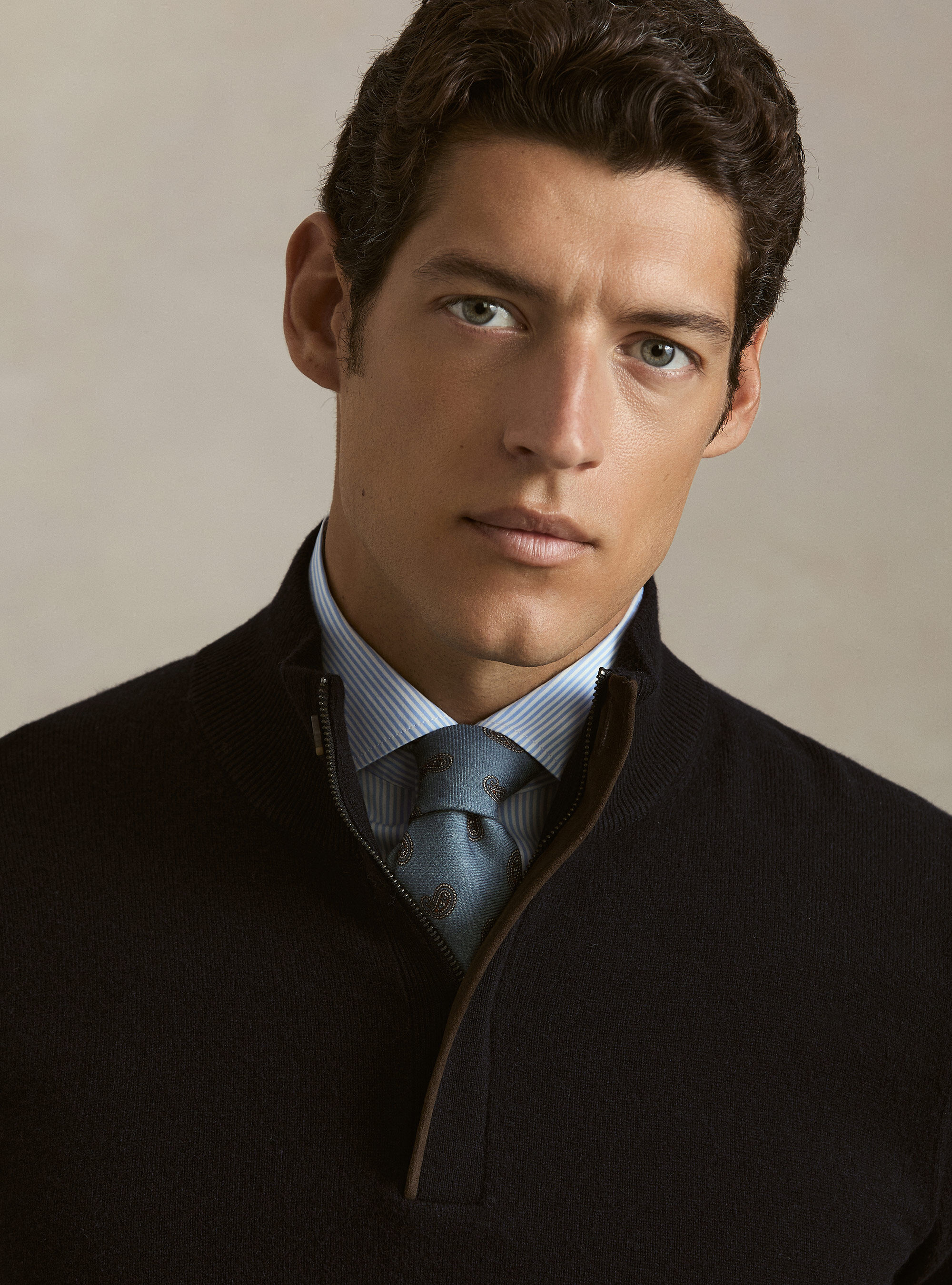 Half-zip lambswool and cashmere sweater, NAVY BLUE