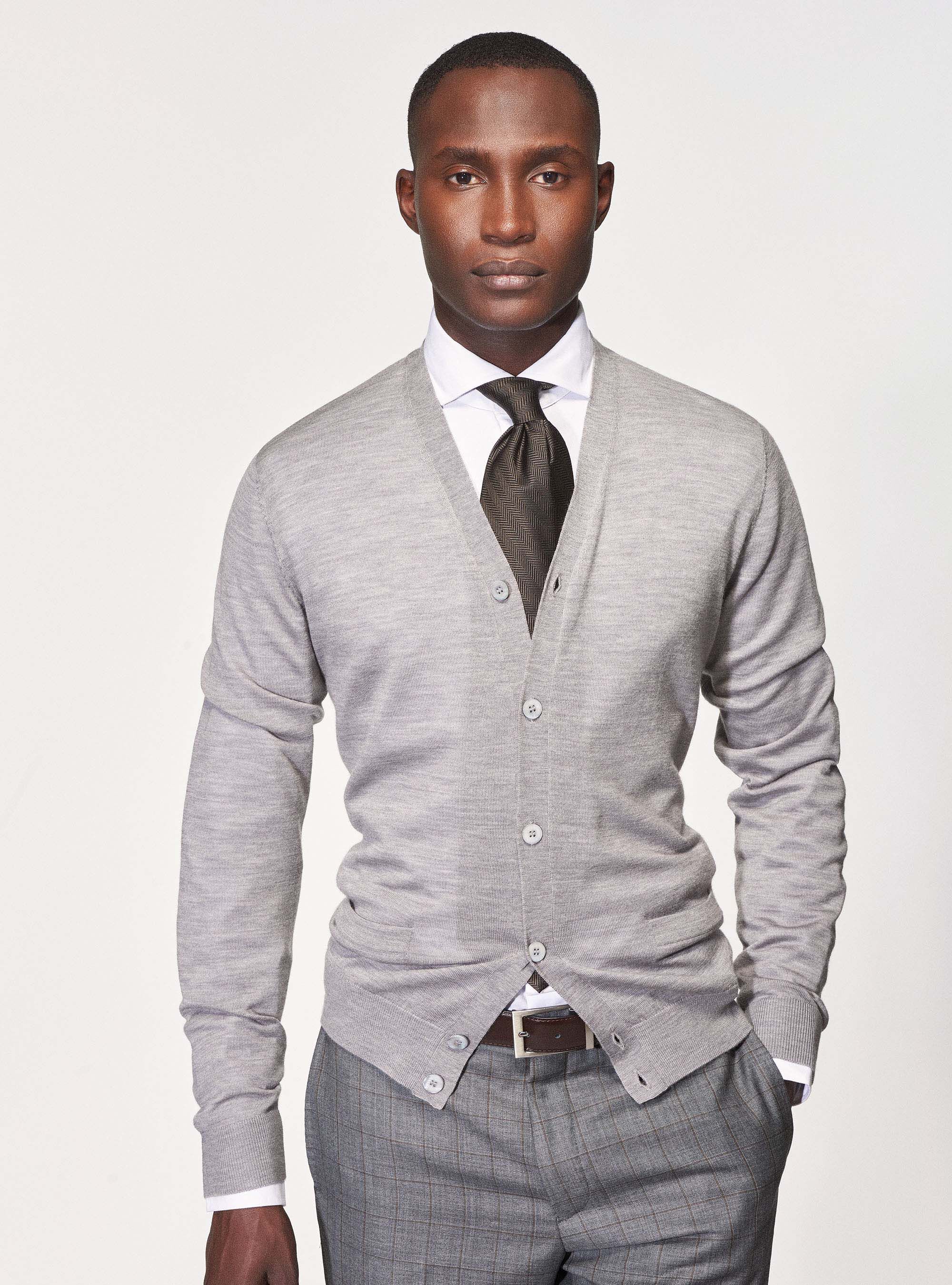 Buttoned cardigan in pure merino wool, LIGHT GREY MELANGE