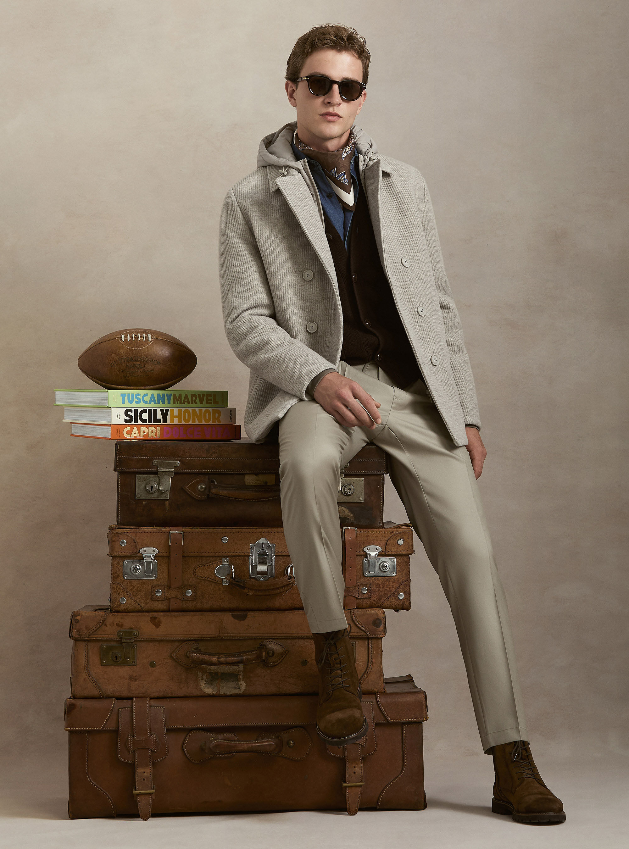 Double-breasted ribbed jacket with removable bib and hood