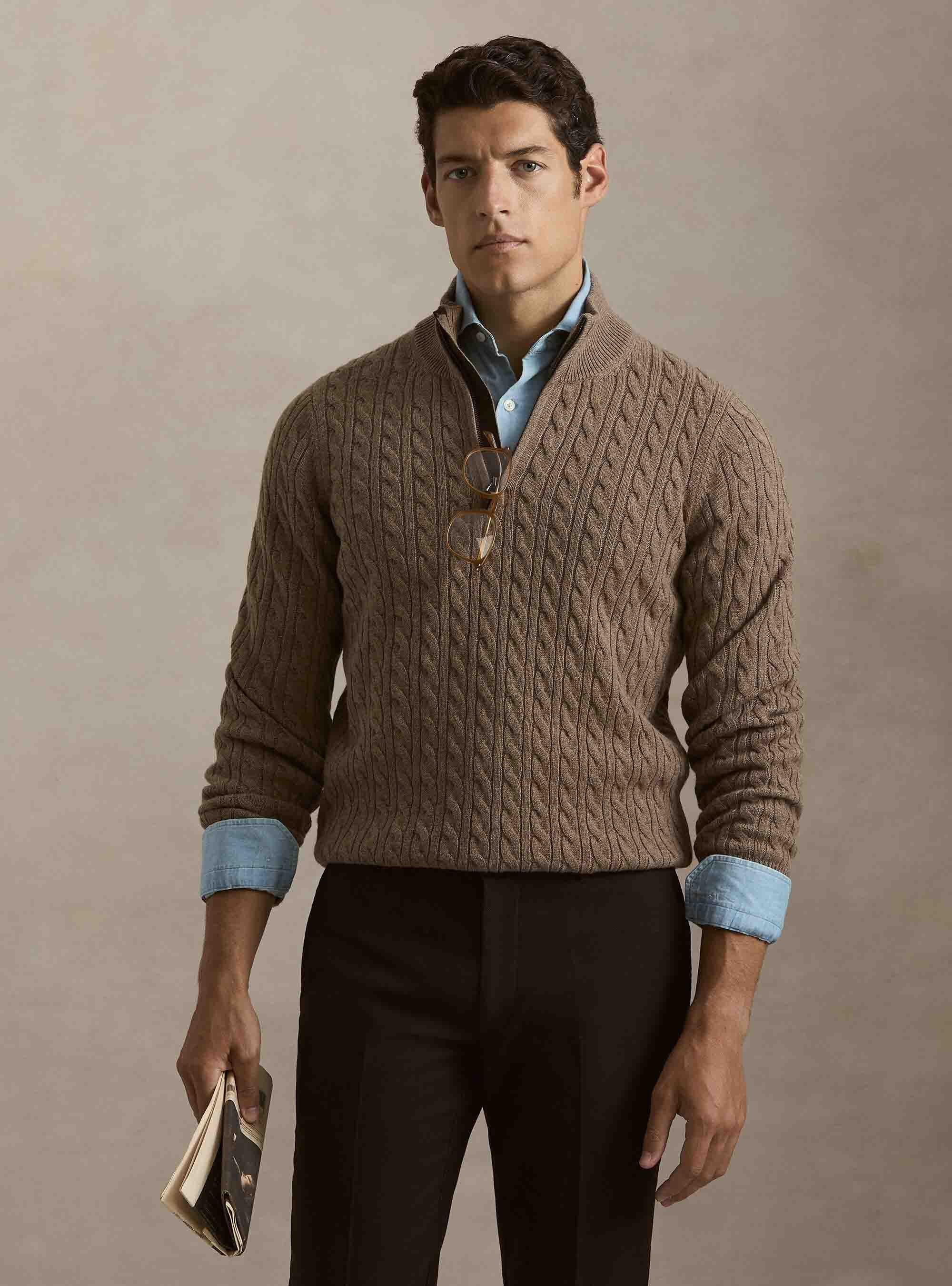 Maglia lupetto a trecce in lana e cashmere, FANGO