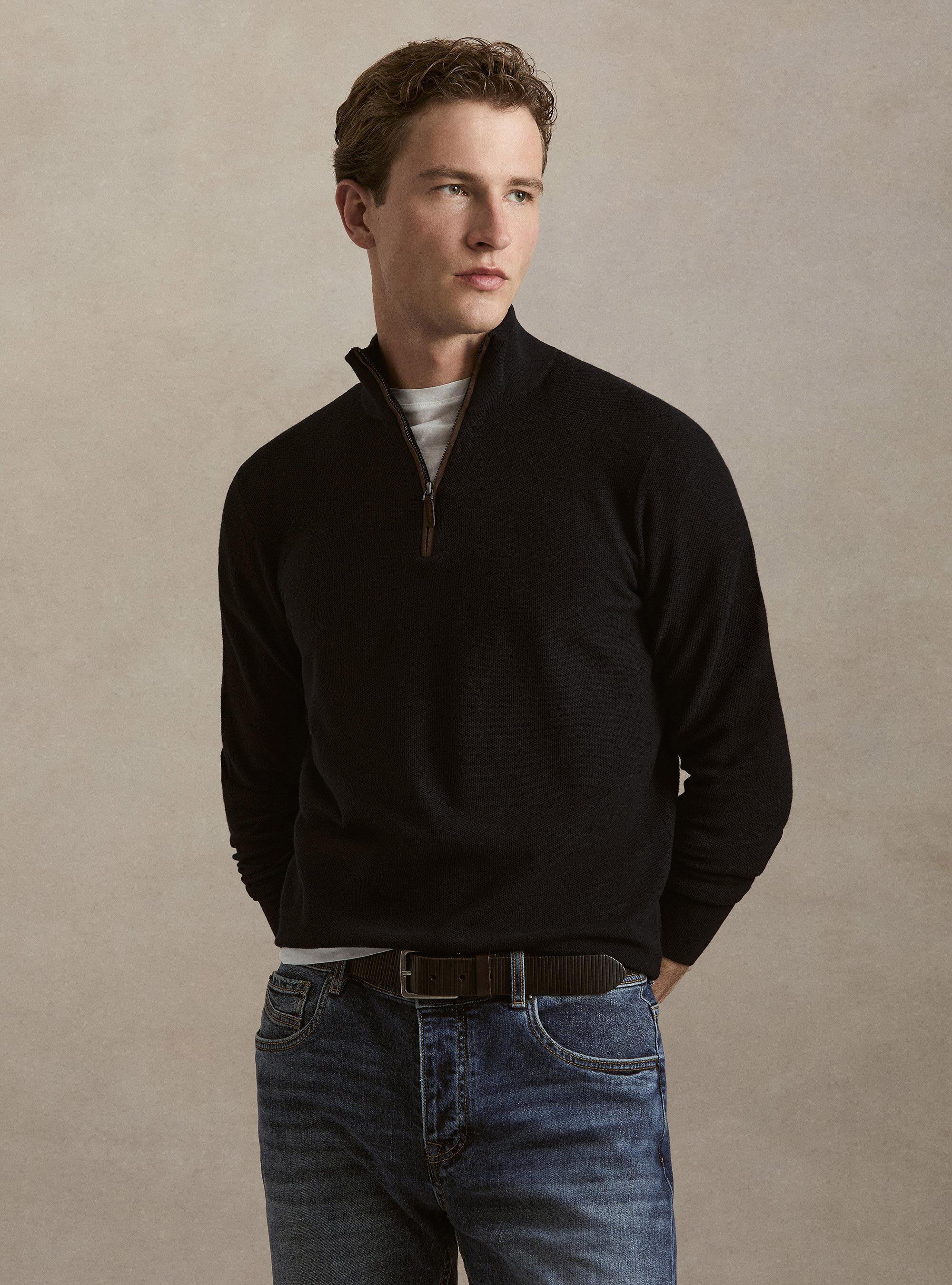 Maglia con mezza zip nido d'ape in cotone cashmere