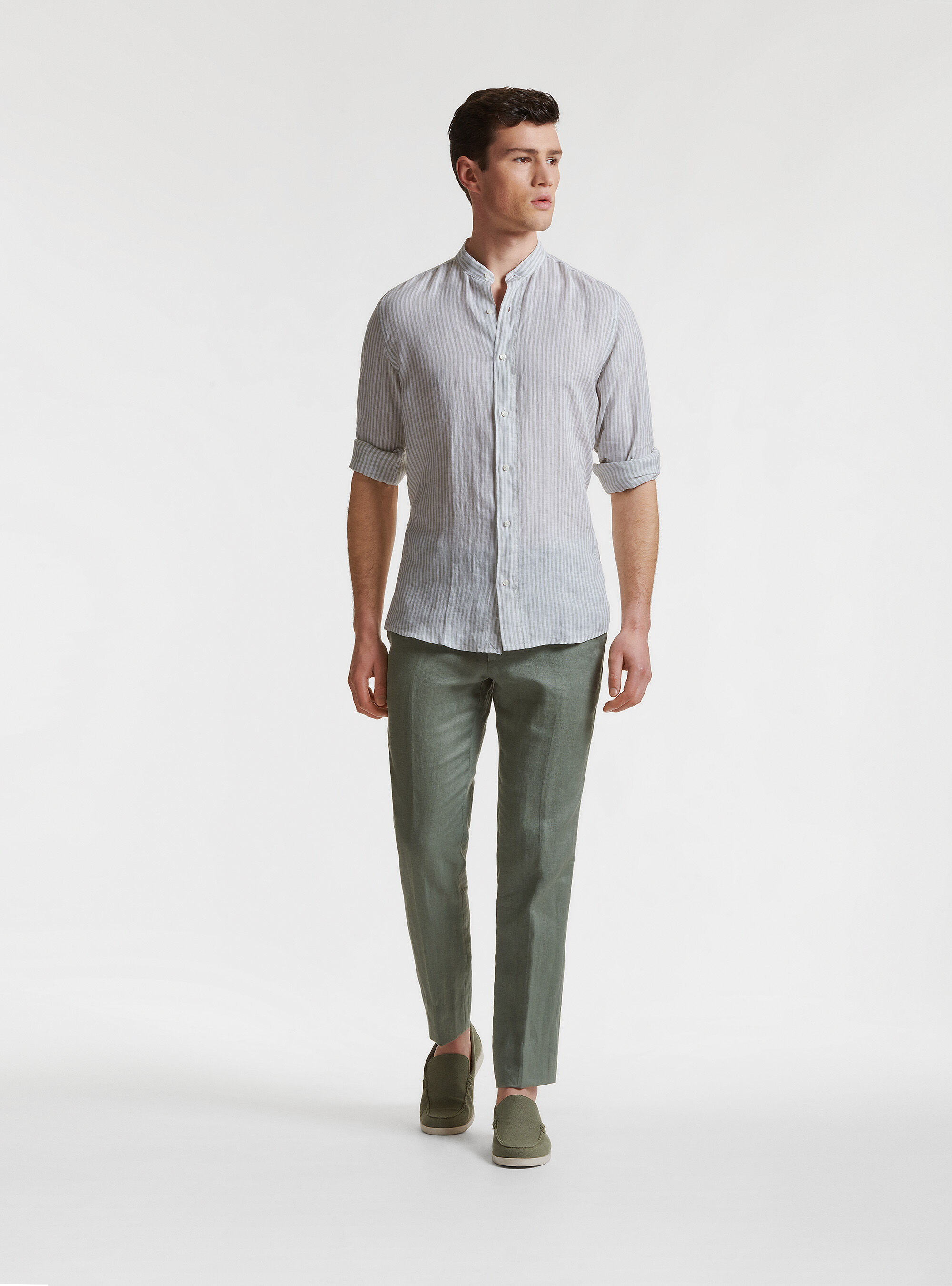 Camicia collo coreano in puro lino rigato, SALVIA 0602C