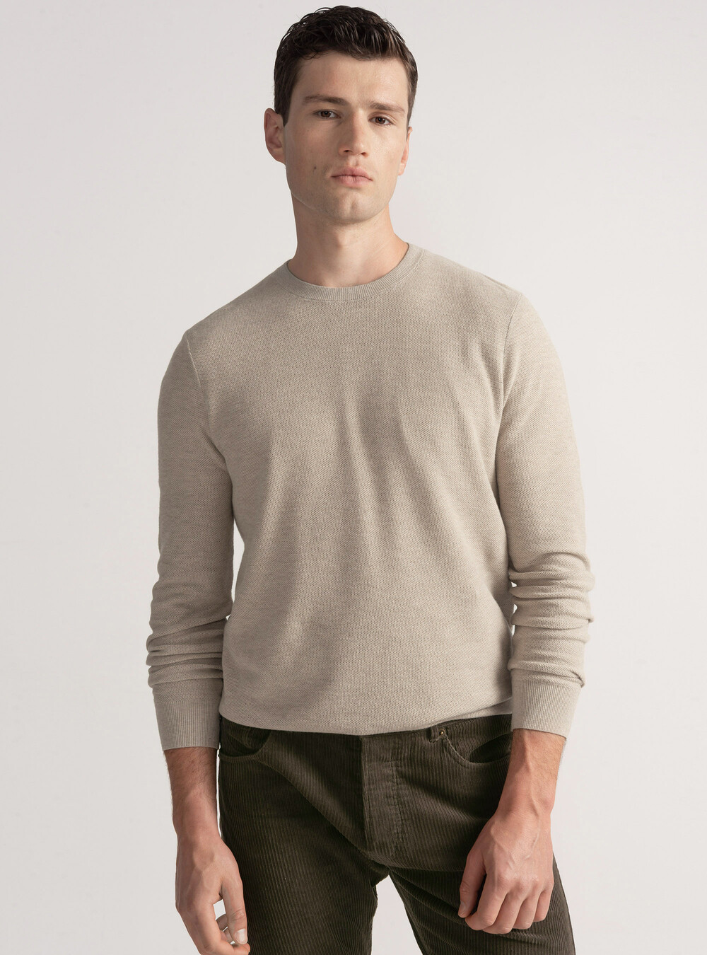 Maglia girocollo nido d'ape in cotone cashmere, ECRU Maglia girocollo nido d'ape in cotone cashmere