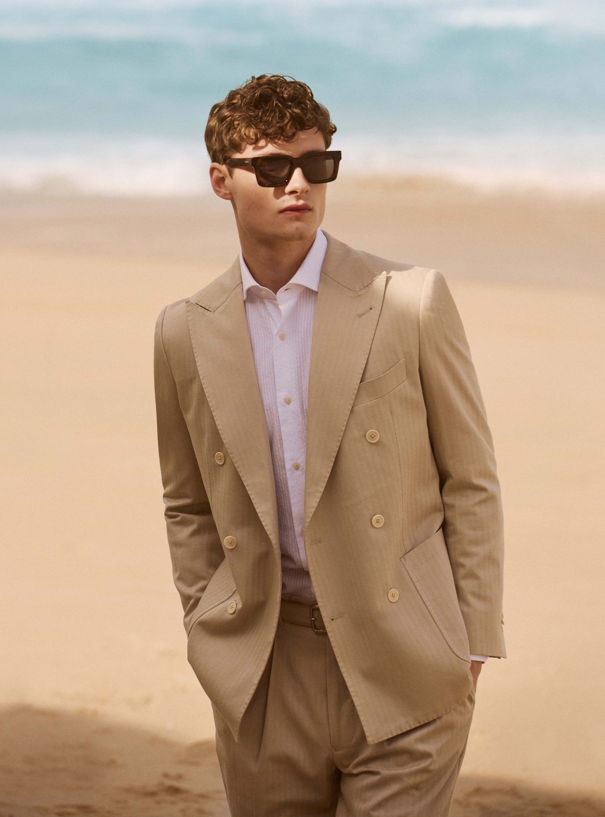 Giacca abito doppiopetto in cotone e lino, ECRU