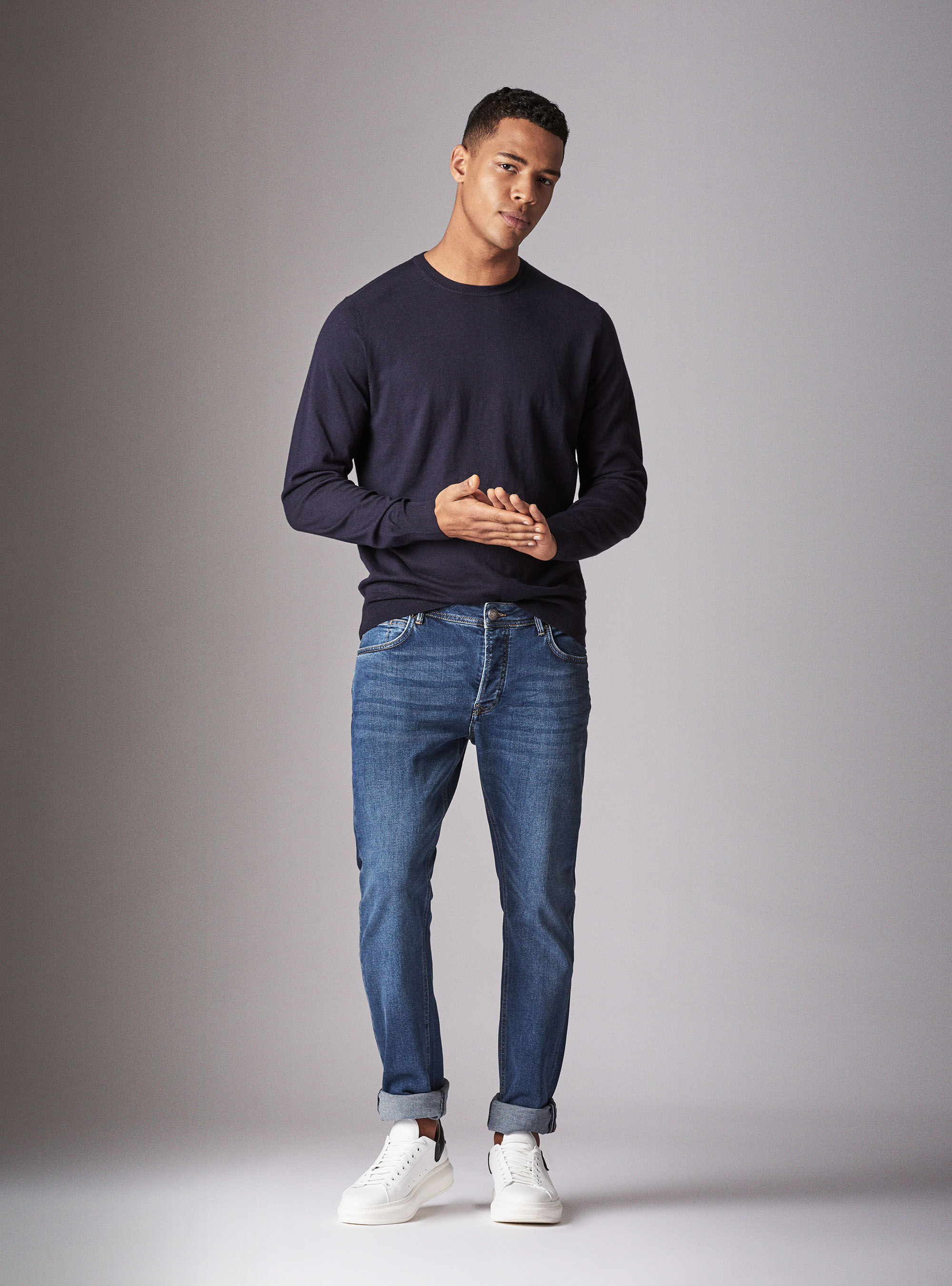 Maglia girocollo basica in cotone seta e cashmere, BLU NAVY