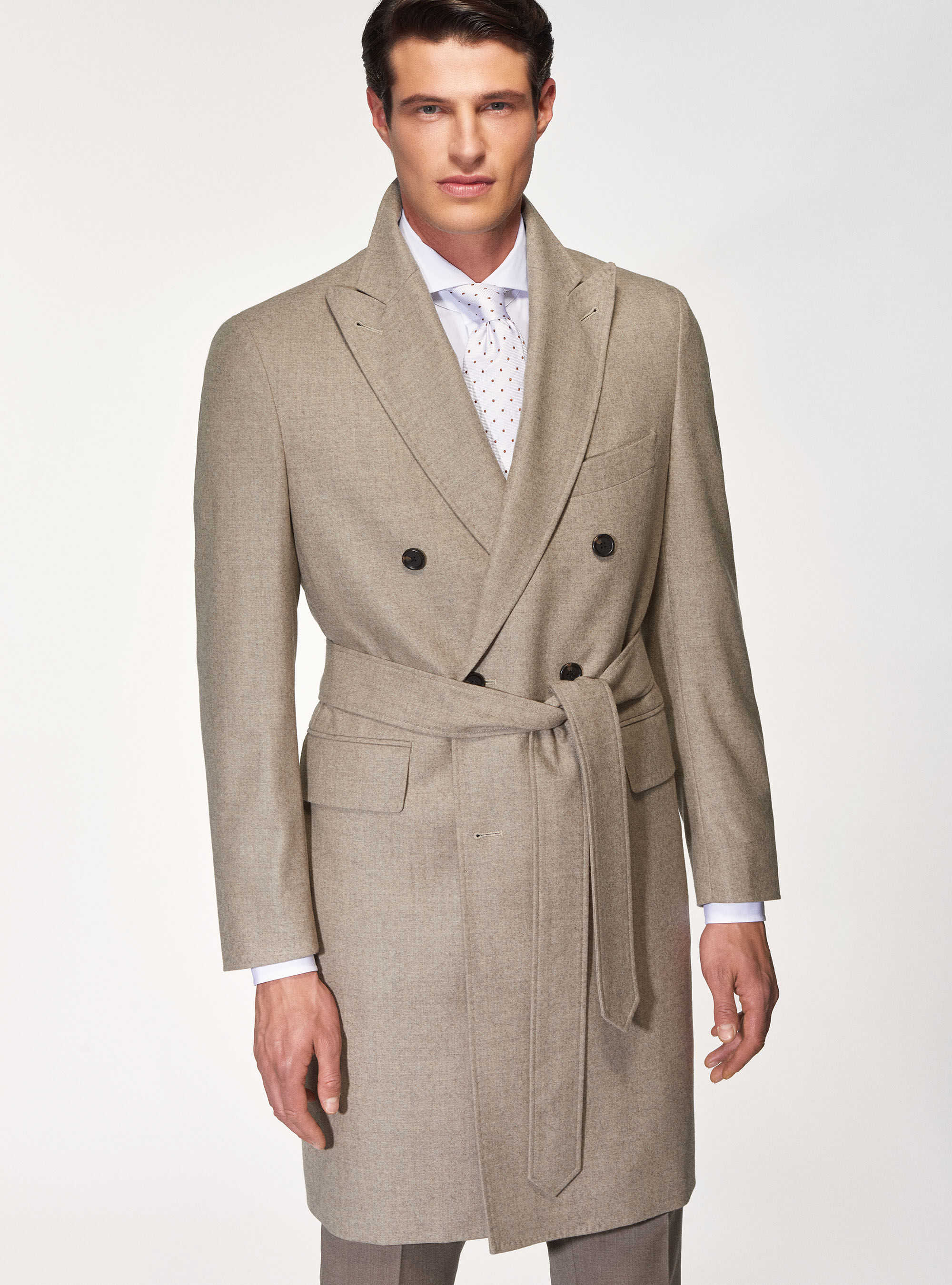 Double breasted overcoat with wide lapels and belt GutteridgeUK
