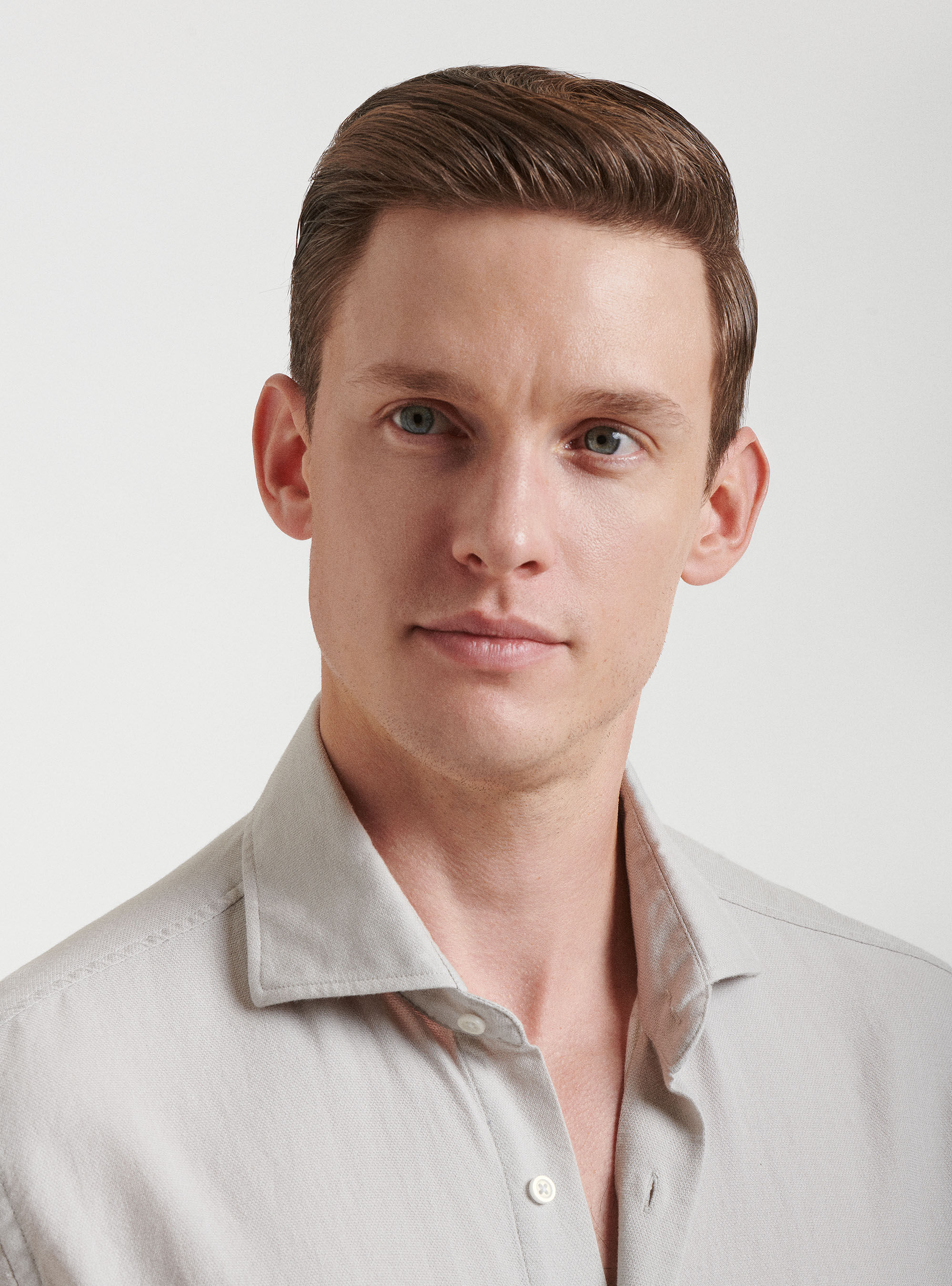 Semi-French collar shirt in pure gauzed cotton, ECRU