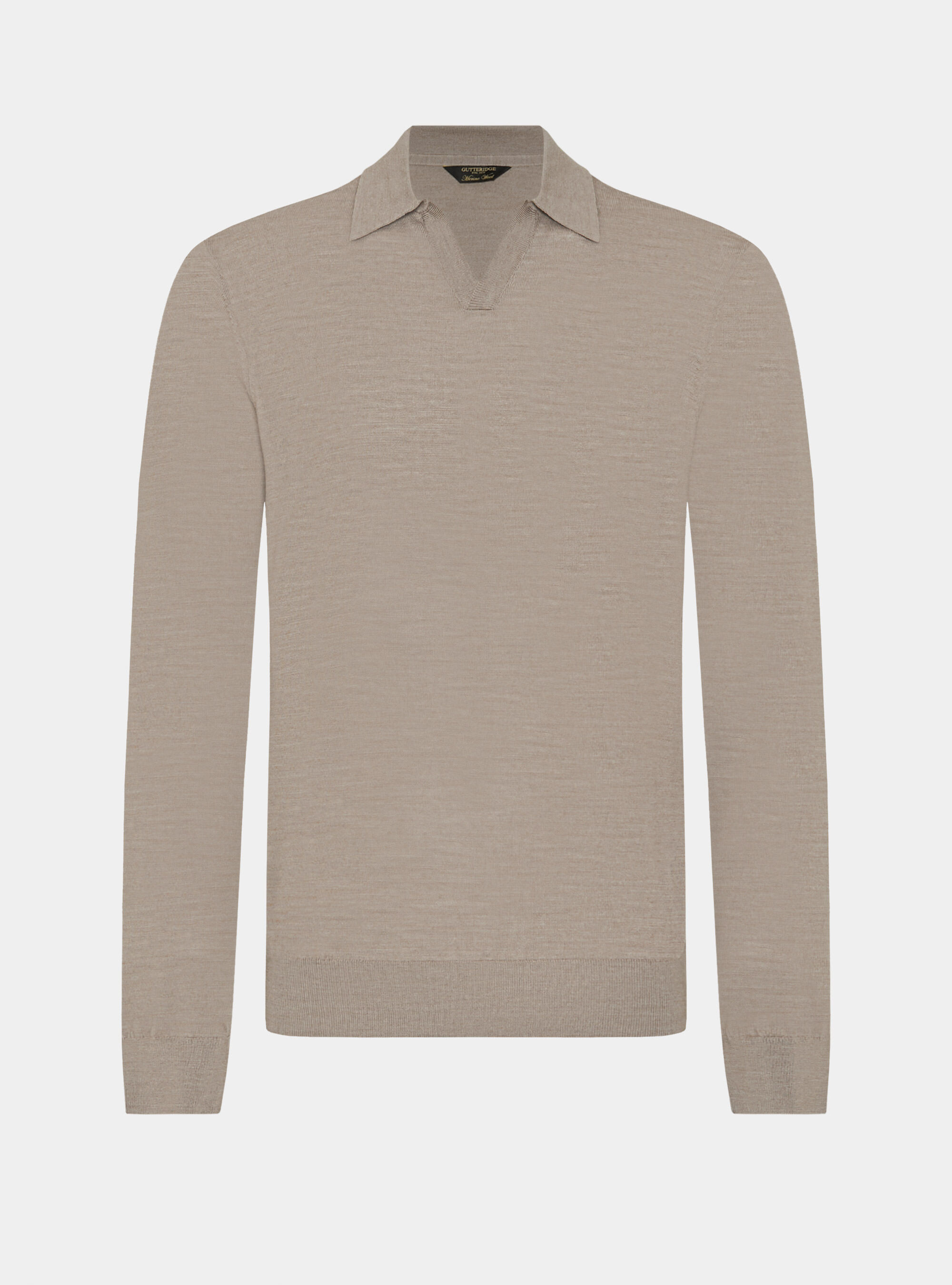 Polo collo senza bottoni in maglia lana merino, FANGO 0555C