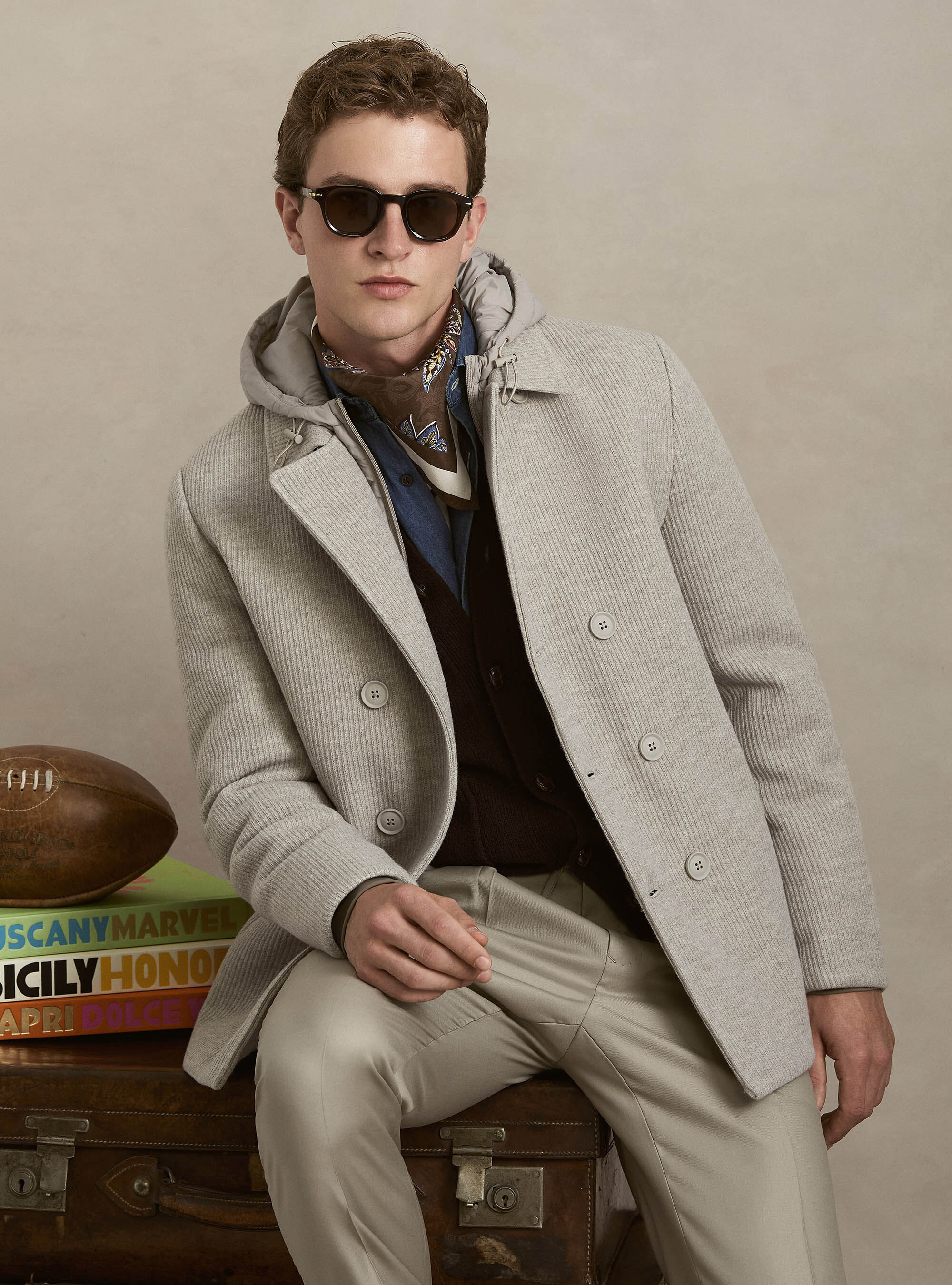 Double-breasted ribbed jacket with removable bib and hood