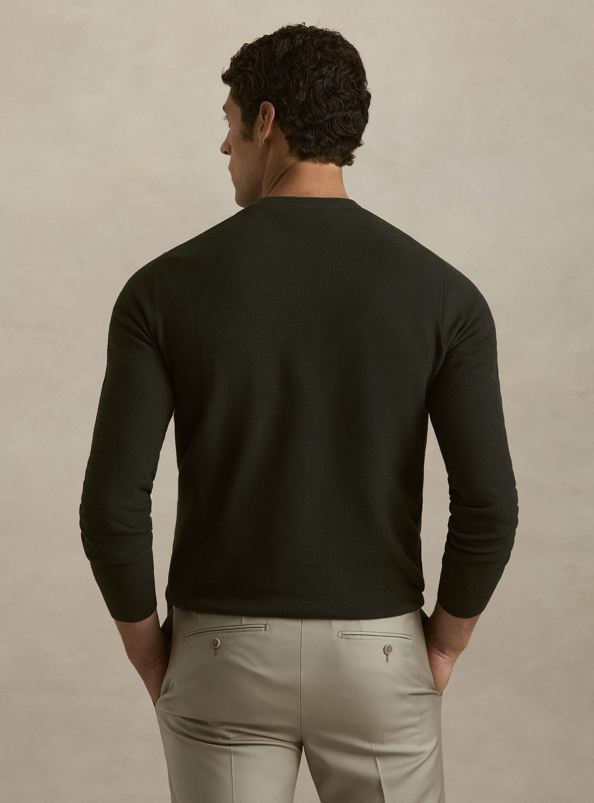 Girocollo in maglia nido d'ape in cotone cashmere, MILITARE 0609C