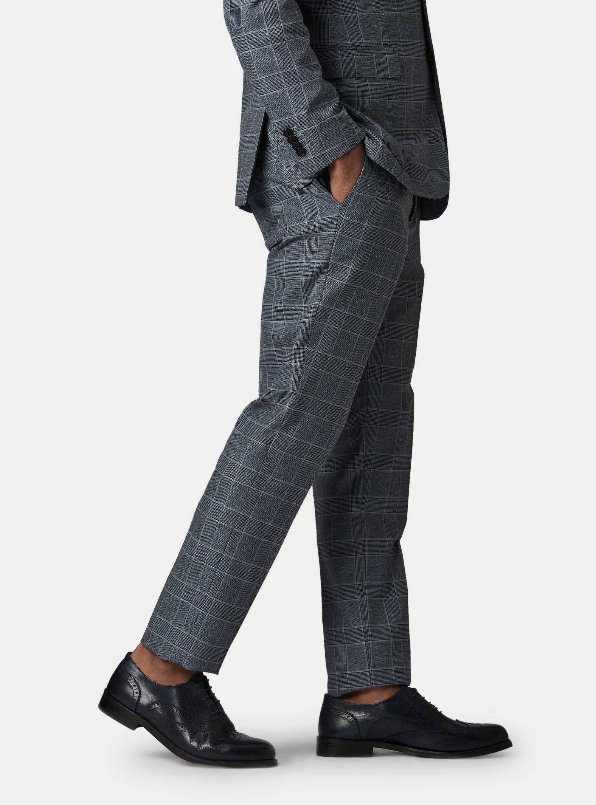 Pantaloni per abito in principe di galles lana boucl&egrave; e seta, BLU