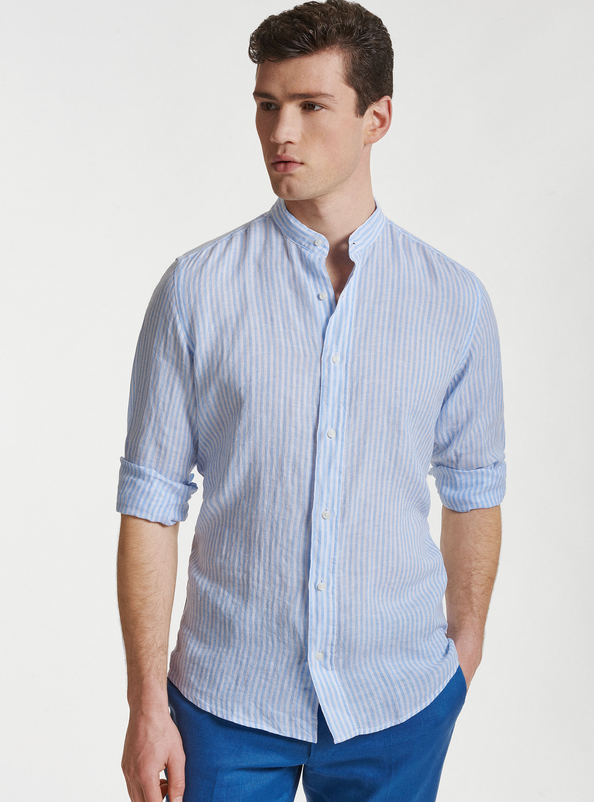 Camicia collo coreano in puro lino rigato