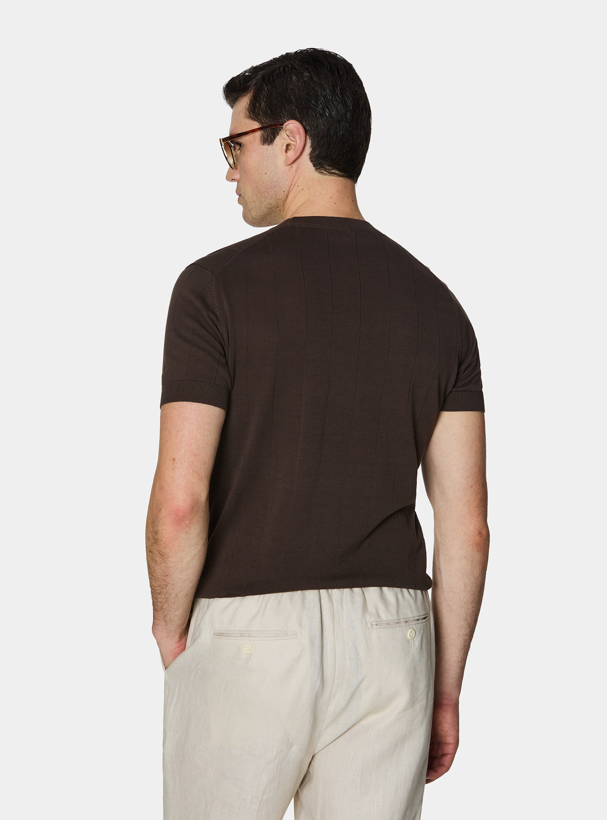 Maglia in puro cotone costa piatta, MARRONE