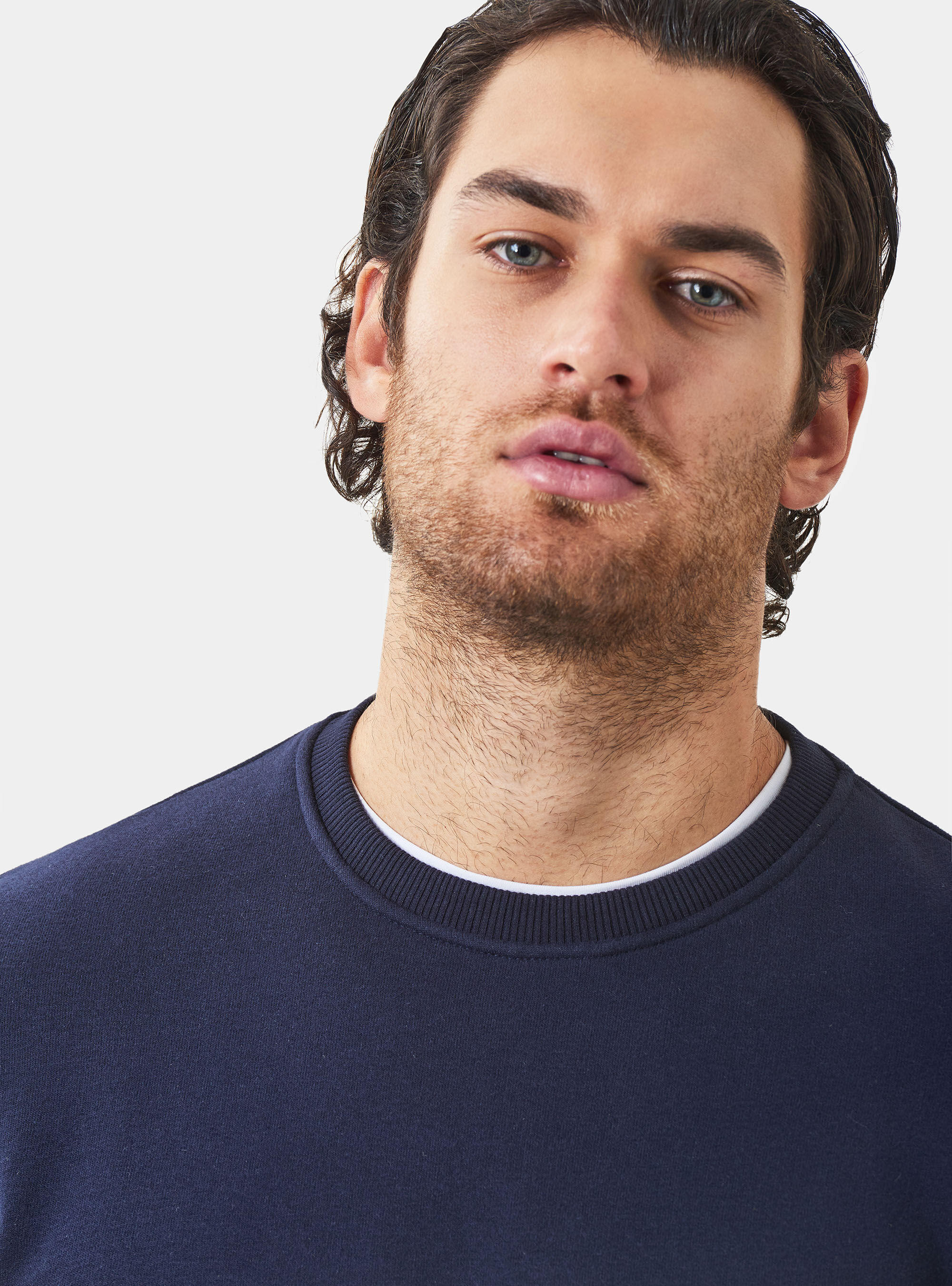 Cotton blend crew neck sweatshirt, NAVY BLUE