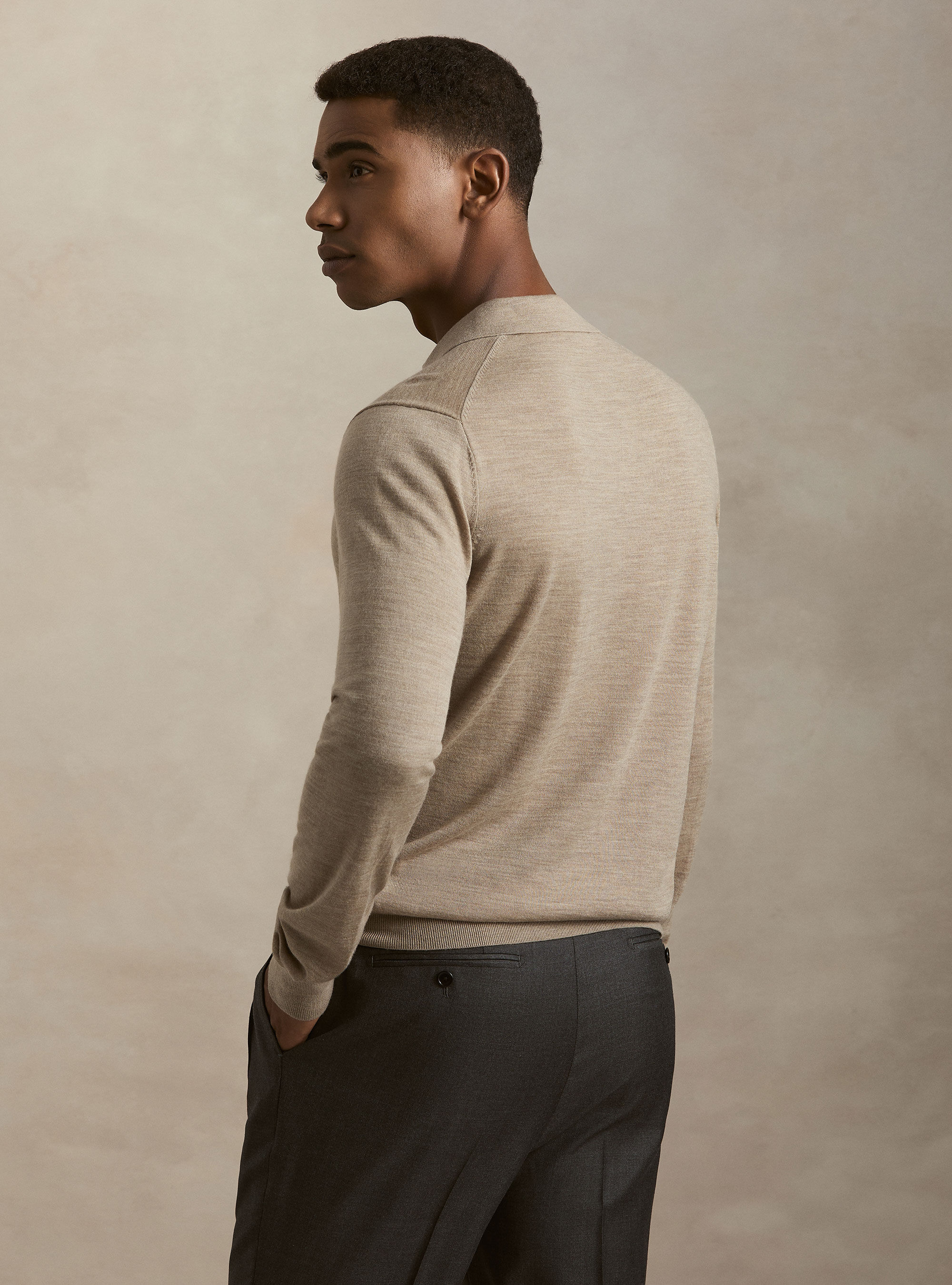 Polo collo senza bottoni in maglia lana merino, FANGO 0555C