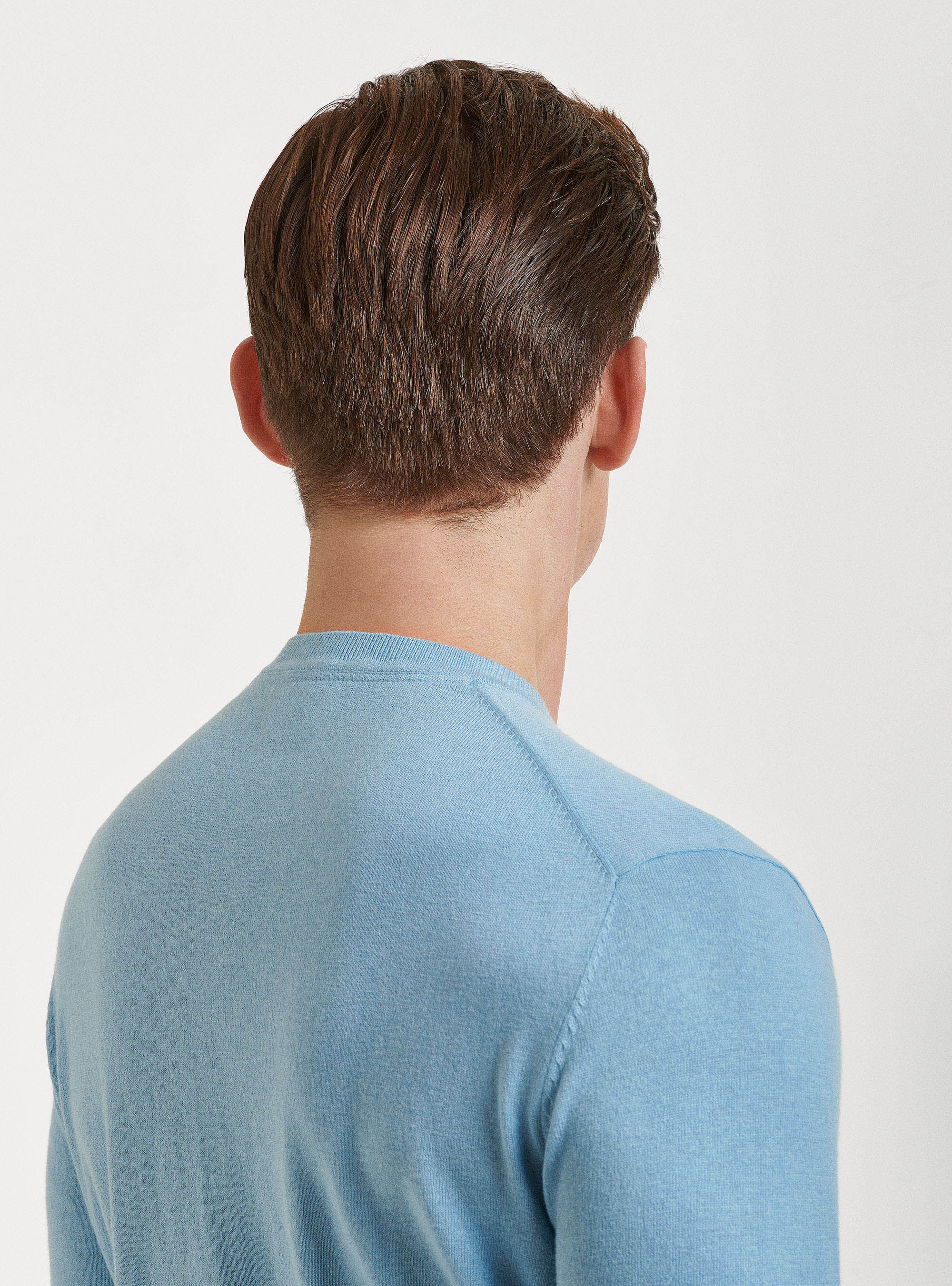 Jersey de cuello redondo de algod&oacute;n, seda y cachemira, CELESTE