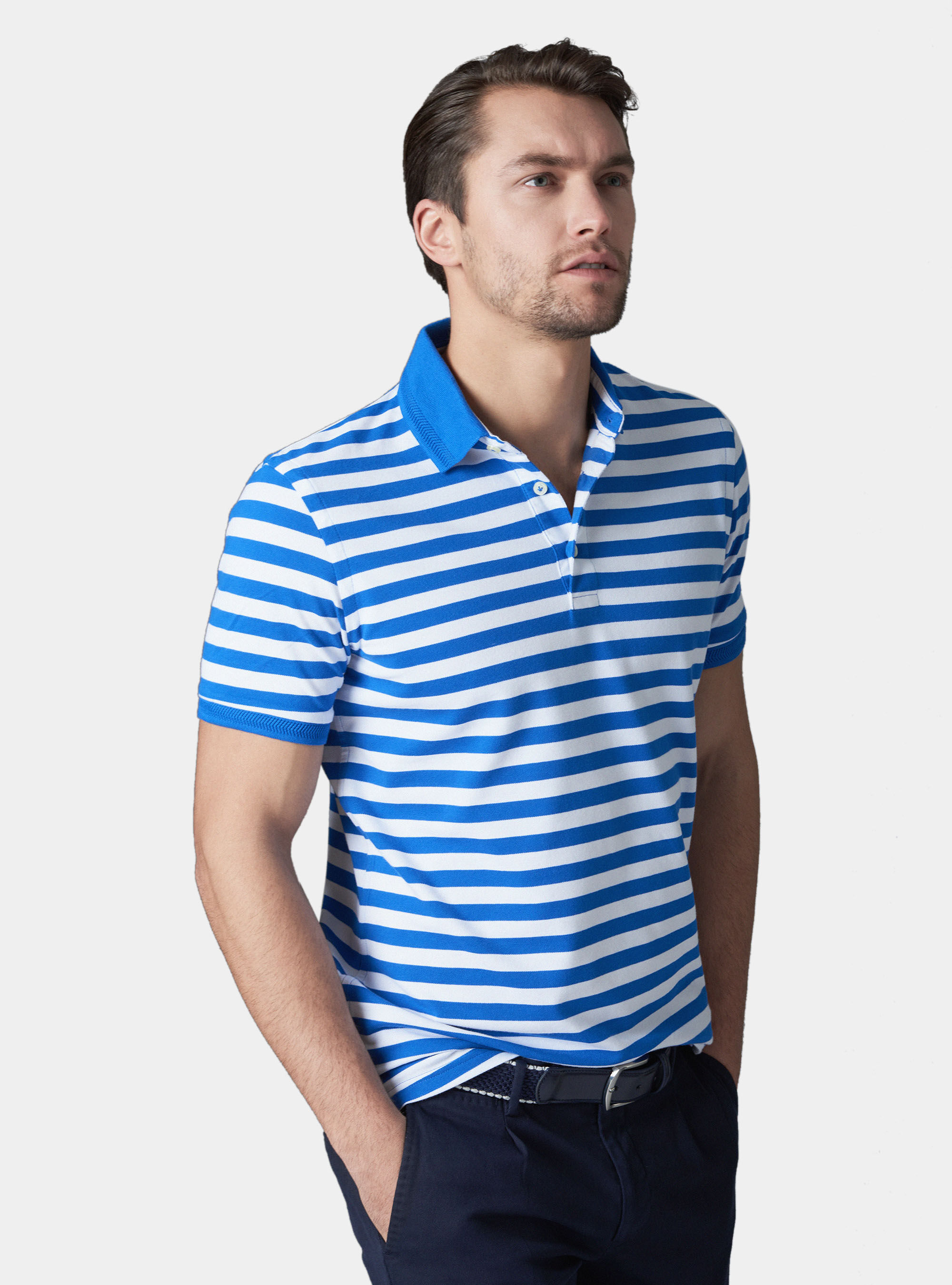 Polo de rayas en algod&oacute;n piquet stretch, AZUL ROYAL