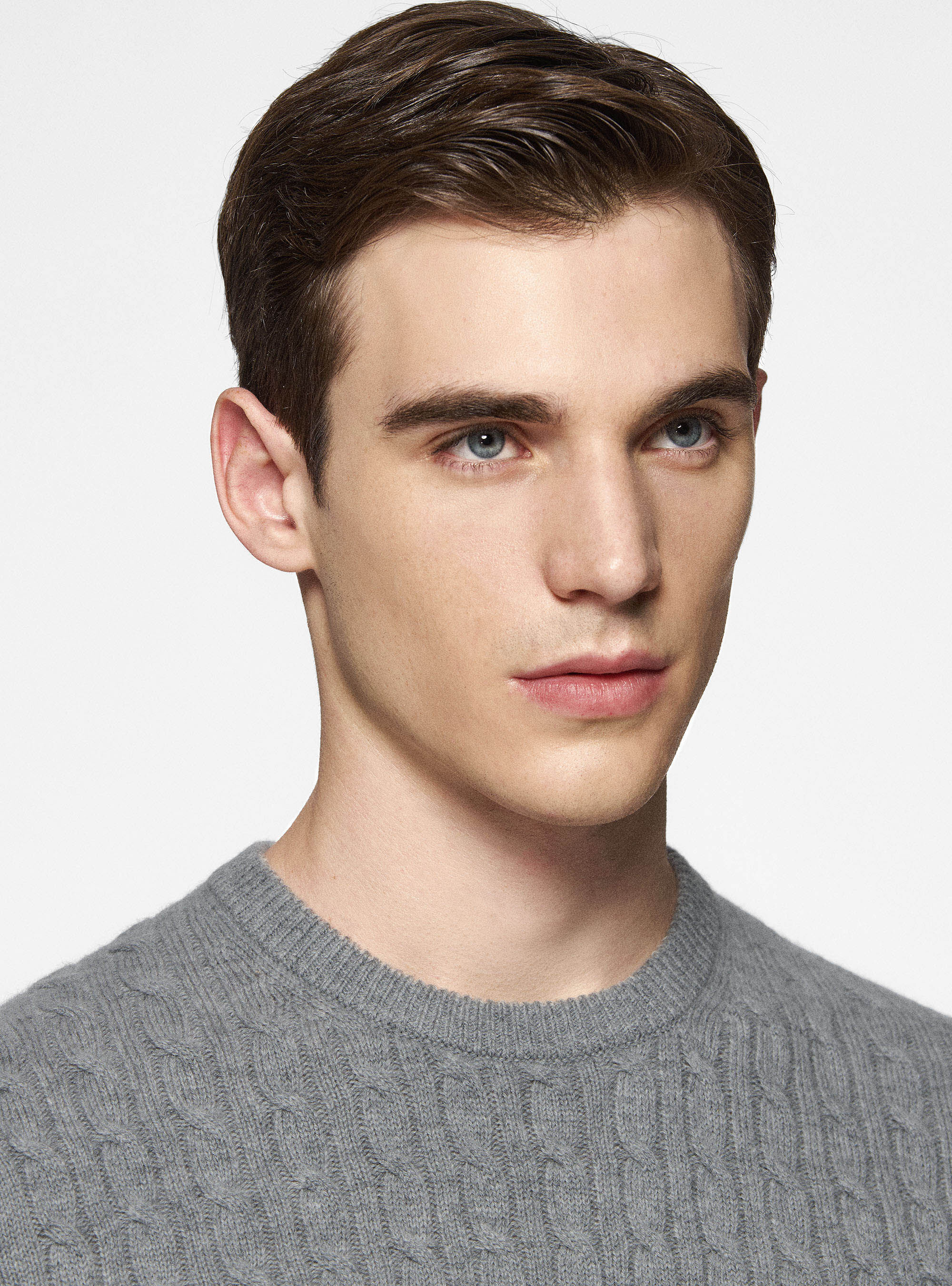 Maglia girocollo con treccia in lana e cashmere, GRIGIO MELANGE 0151C