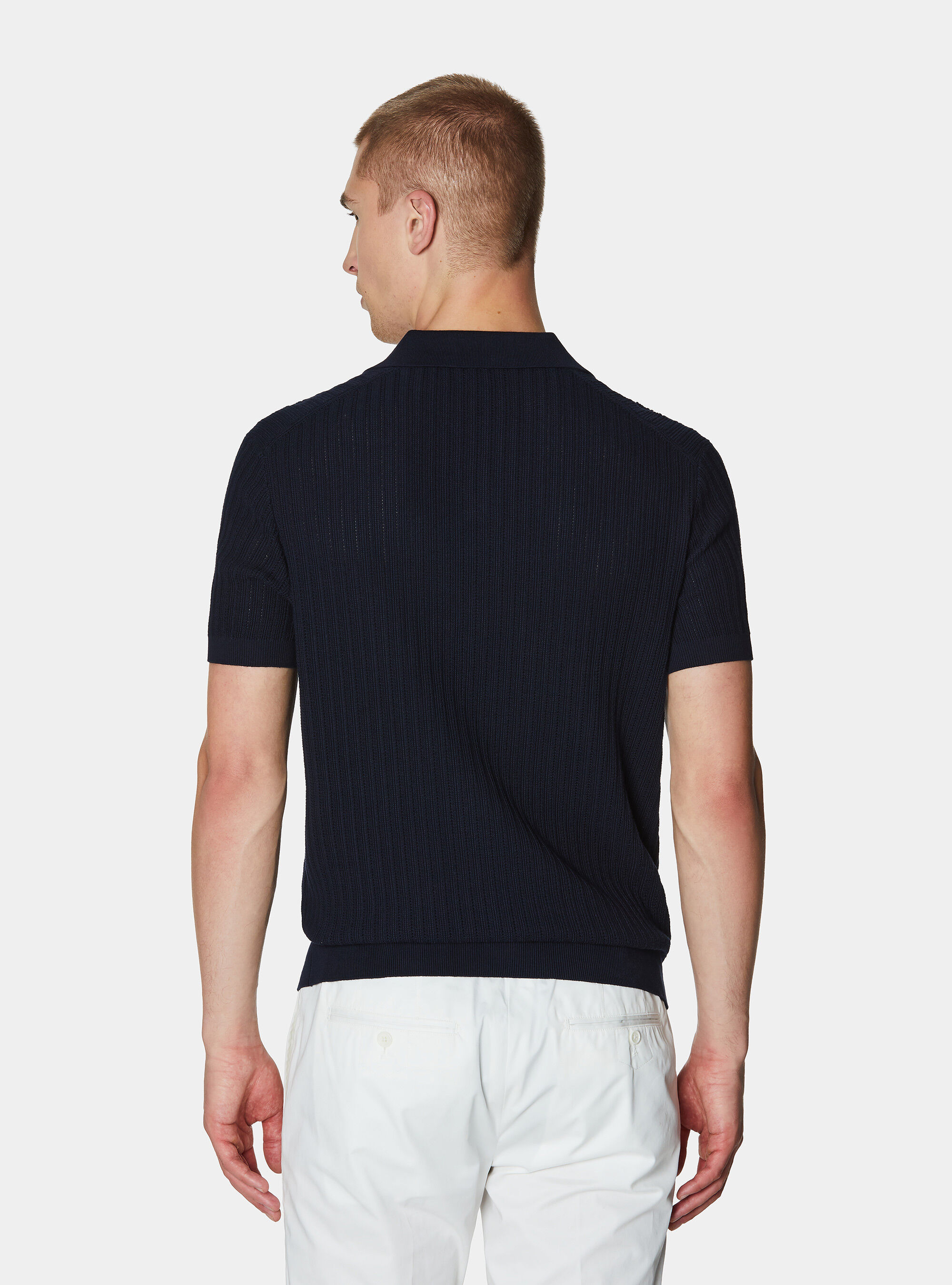 Polo in maglia traforata senza bottoni in cotone extrafine, BLU NAVY
