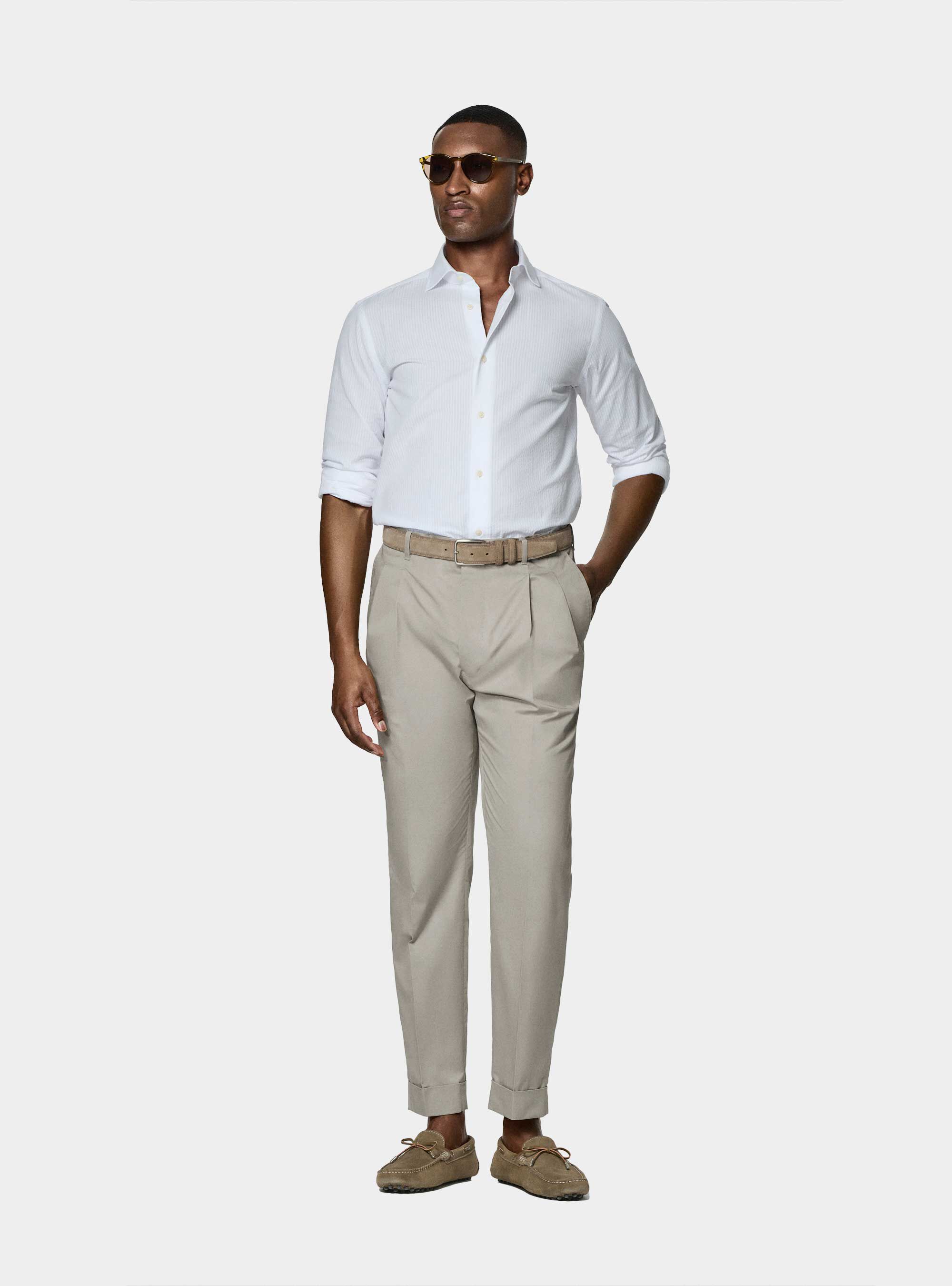 Pantaloni con pince in cotone popeline, ECRU