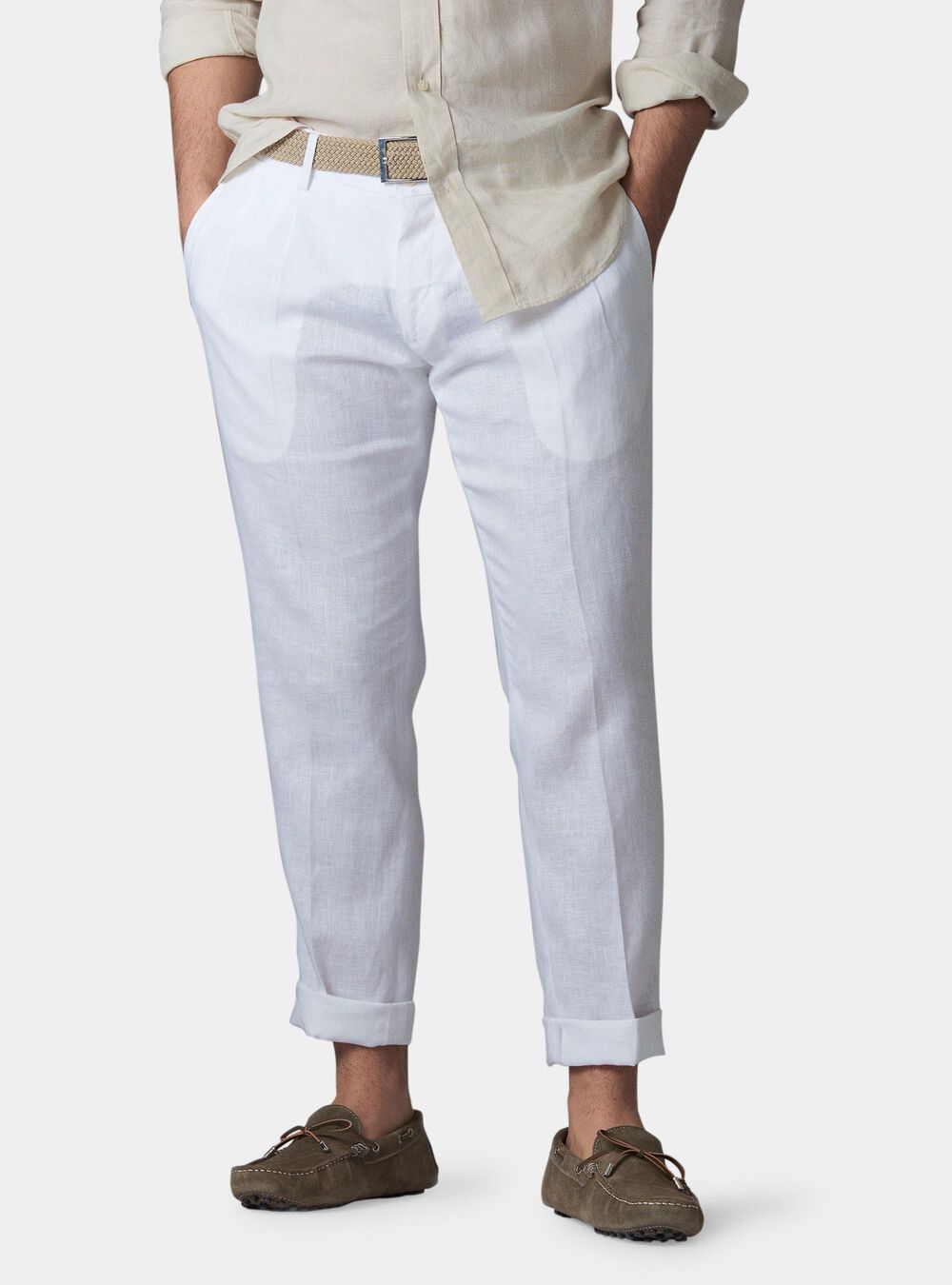 Pantaloni Di Lino Con Doppia Pinces E Cinturini Laterali