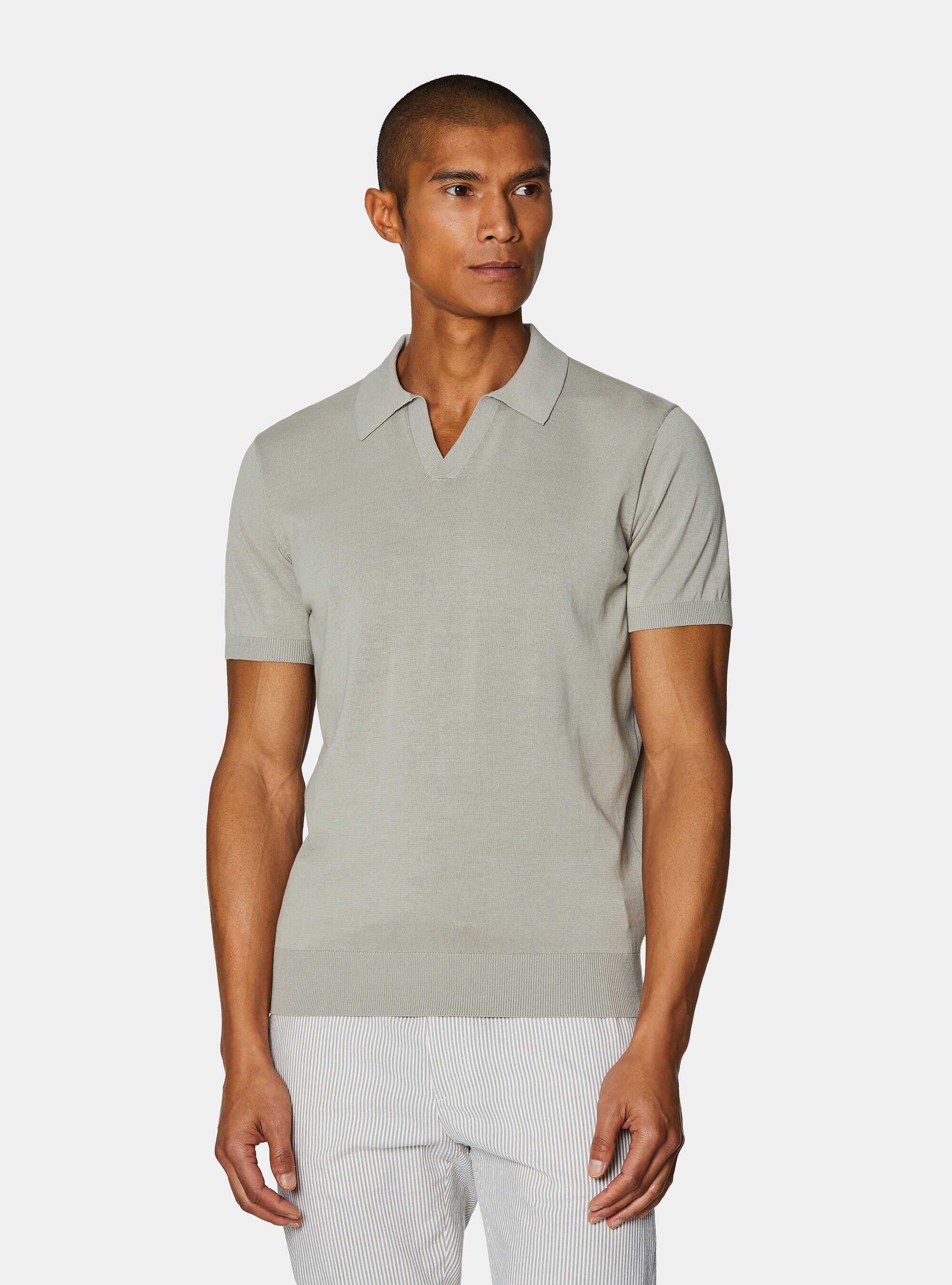 Polo tricot&eacute; sans boutons en coton extra-fin, SABLE