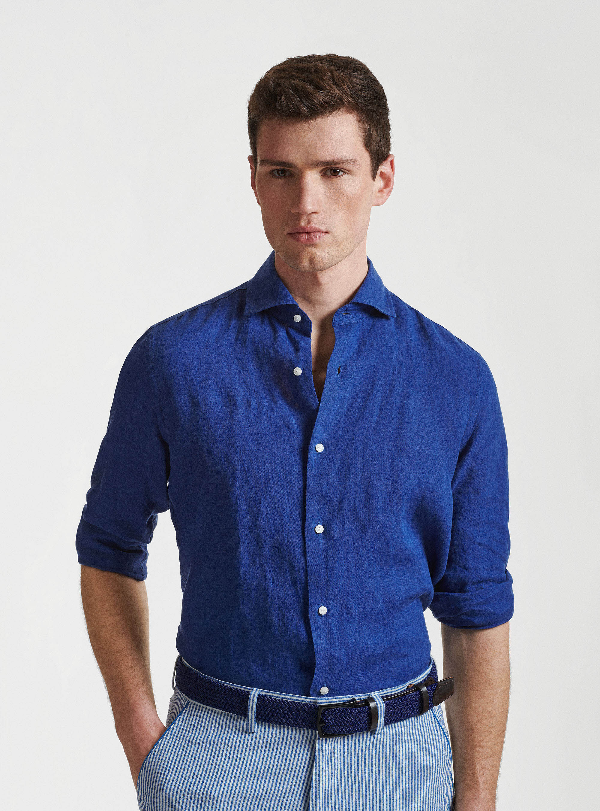 Camicia collo semi francese in puro lino, BLU