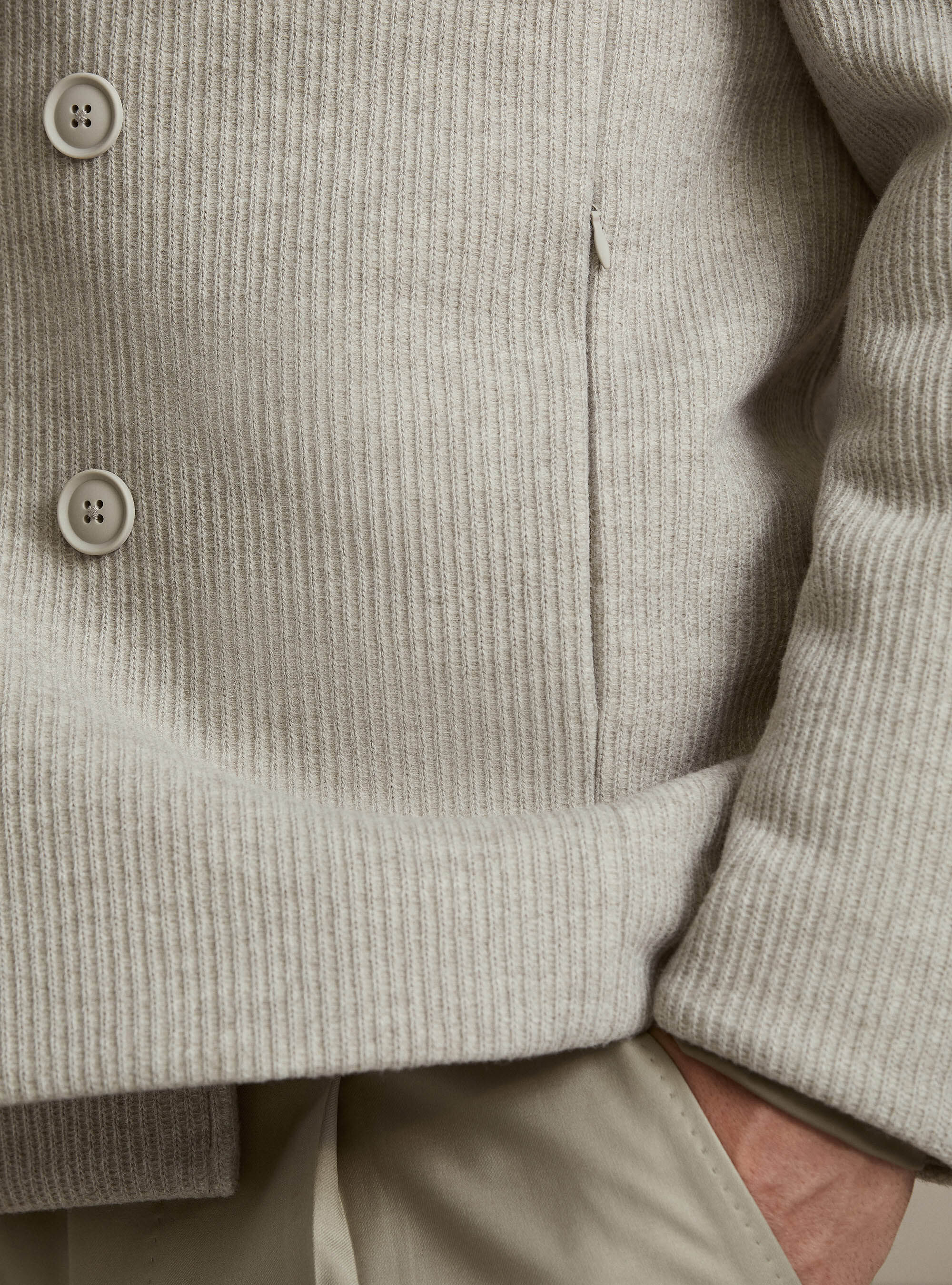 Double-breasted ribbed jacket with removable bib and hood, ECRU