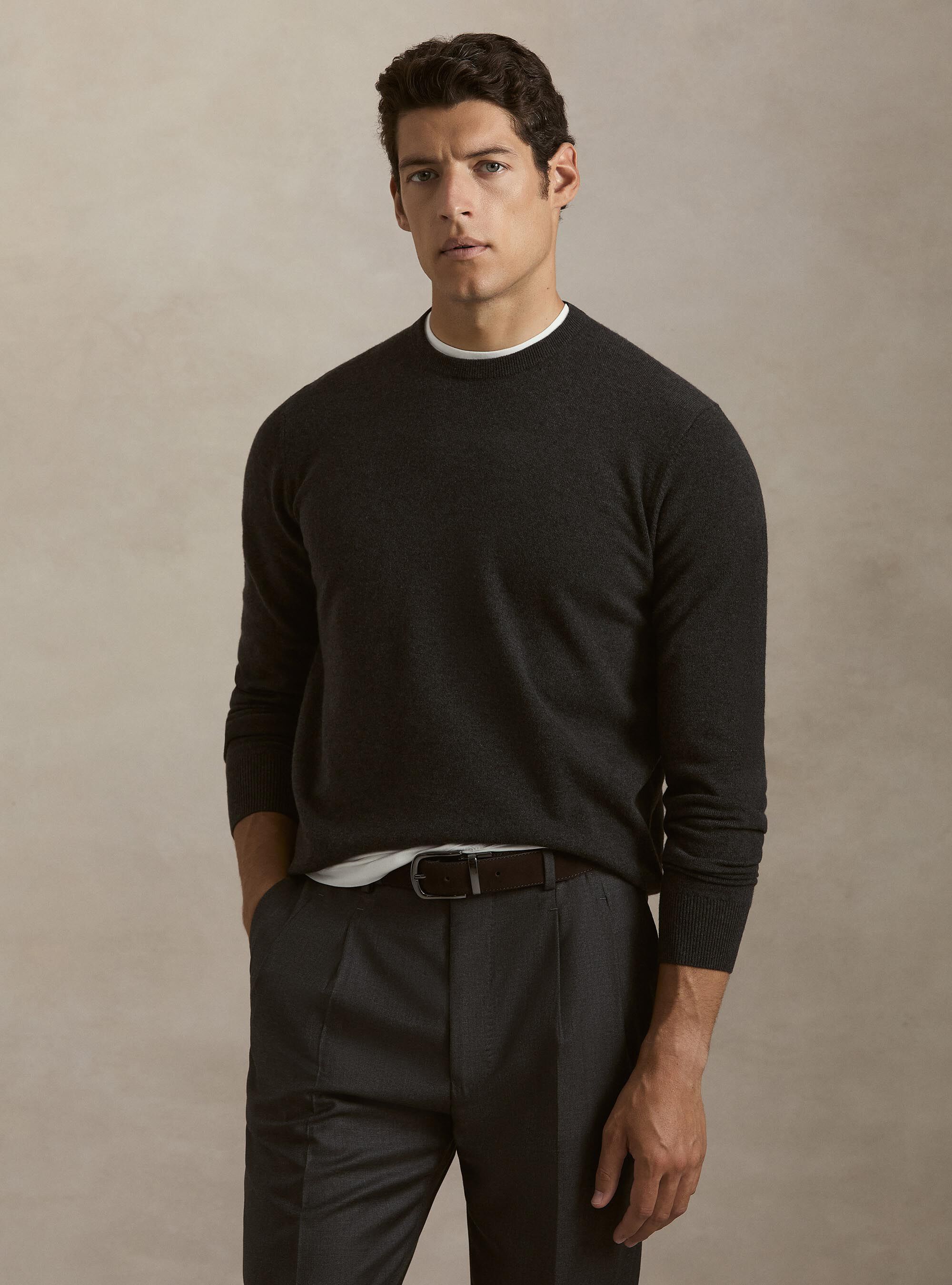 Lambswool and cashmere crewneck sweater, ASPHALT GREY