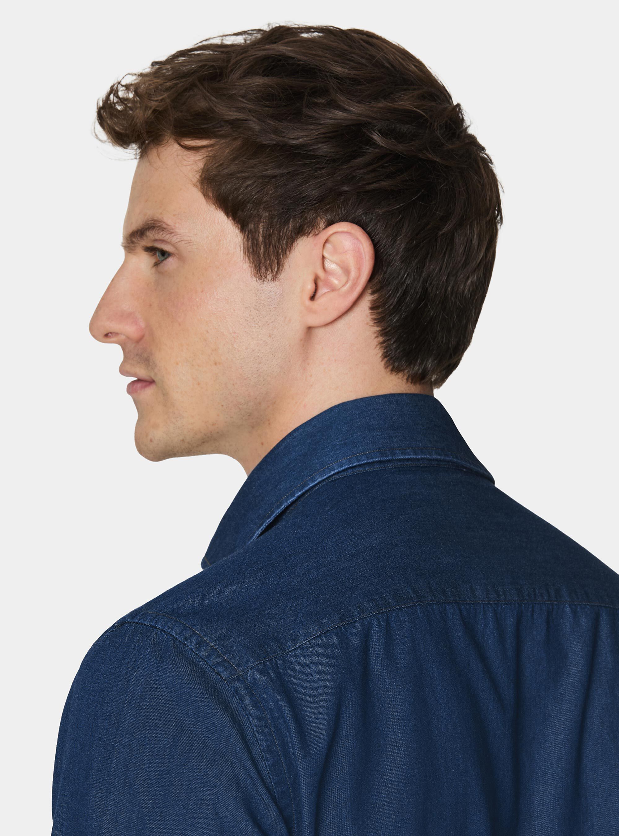 Camicia denim in cotone chambray, BLU NAVY